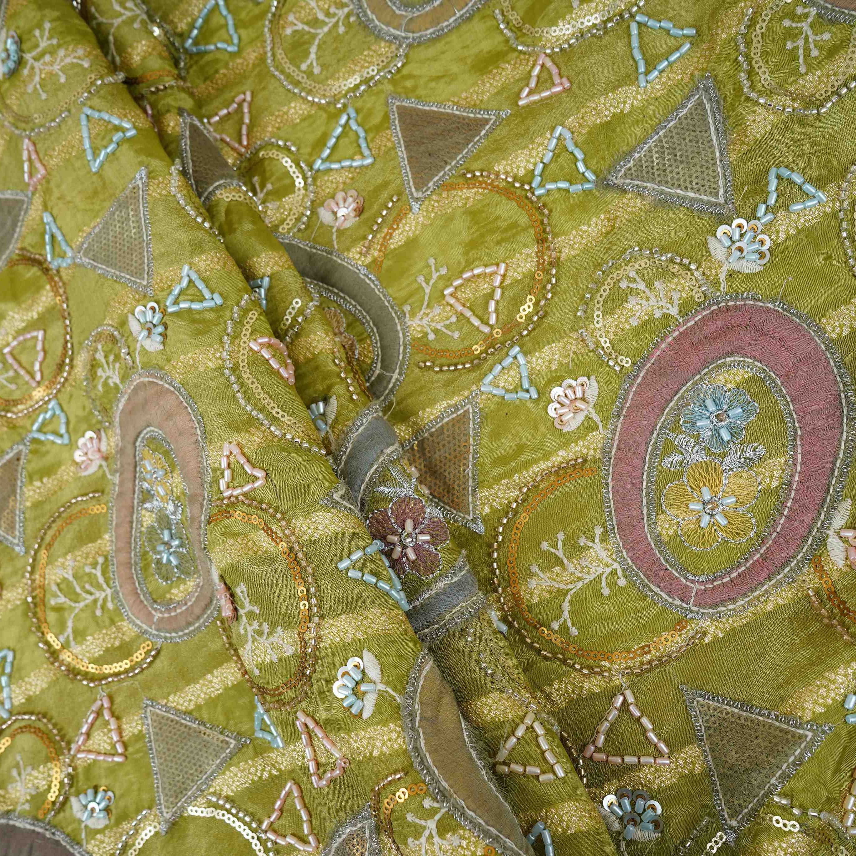 Olive Green Cutdana Premium Embroidery Tissue Fabric GTS-30043 - TradeUNO