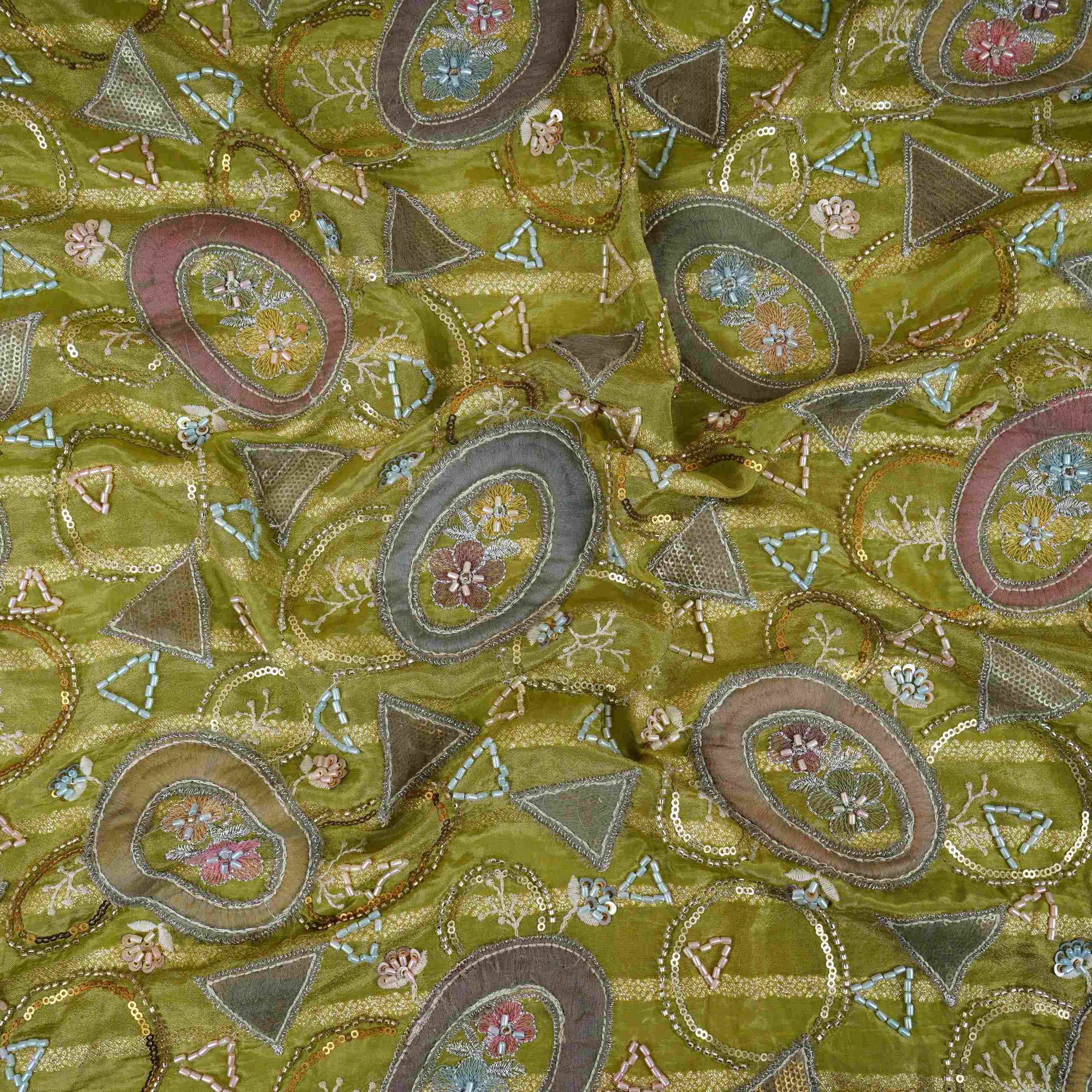 Olive Green Cutdana Premium Embroidery Tissue Fabric GTS-30043 - TradeUNO