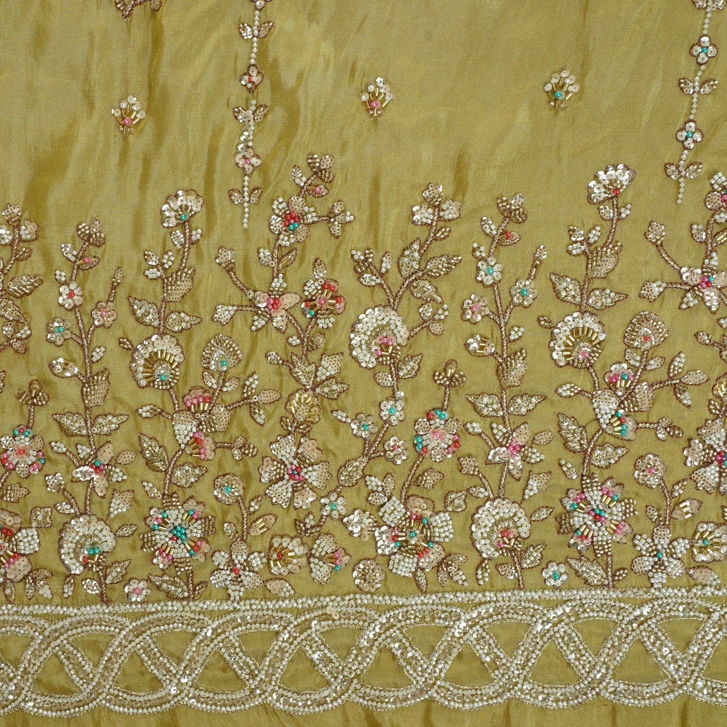 Mustard Floral Cutdana embroidery Tissue Fabric WI-29024
