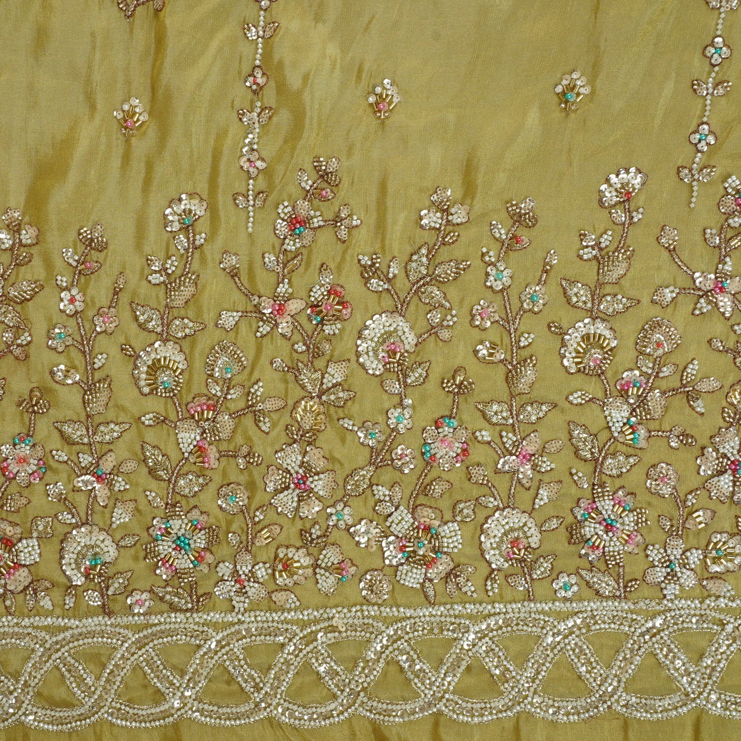 Mustard Floral Cutdana embroidery Tissue Fabric WI-29024 - TradeUNO