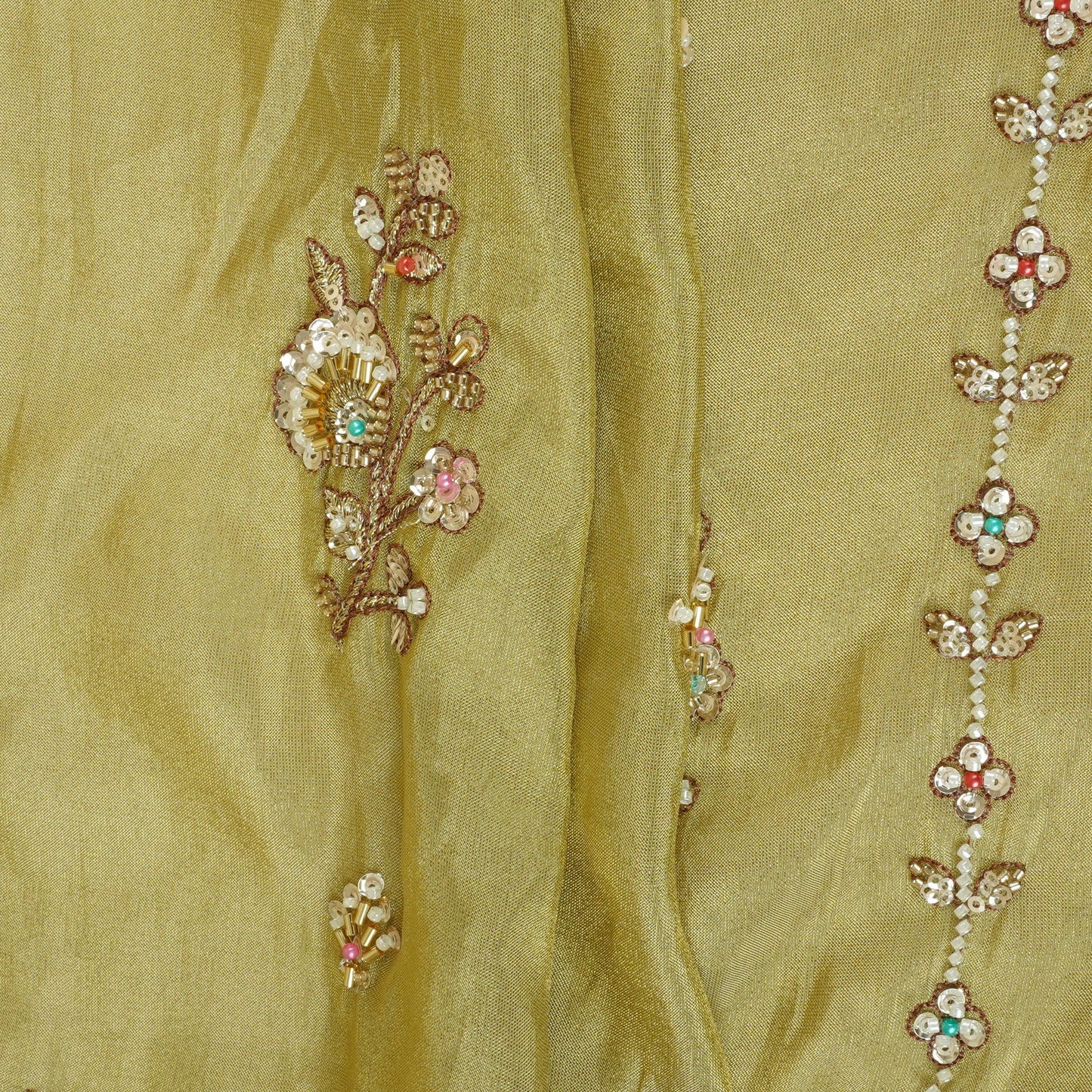 Mustard Floral Cutdana embroidery Tissue Fabric WI-29024