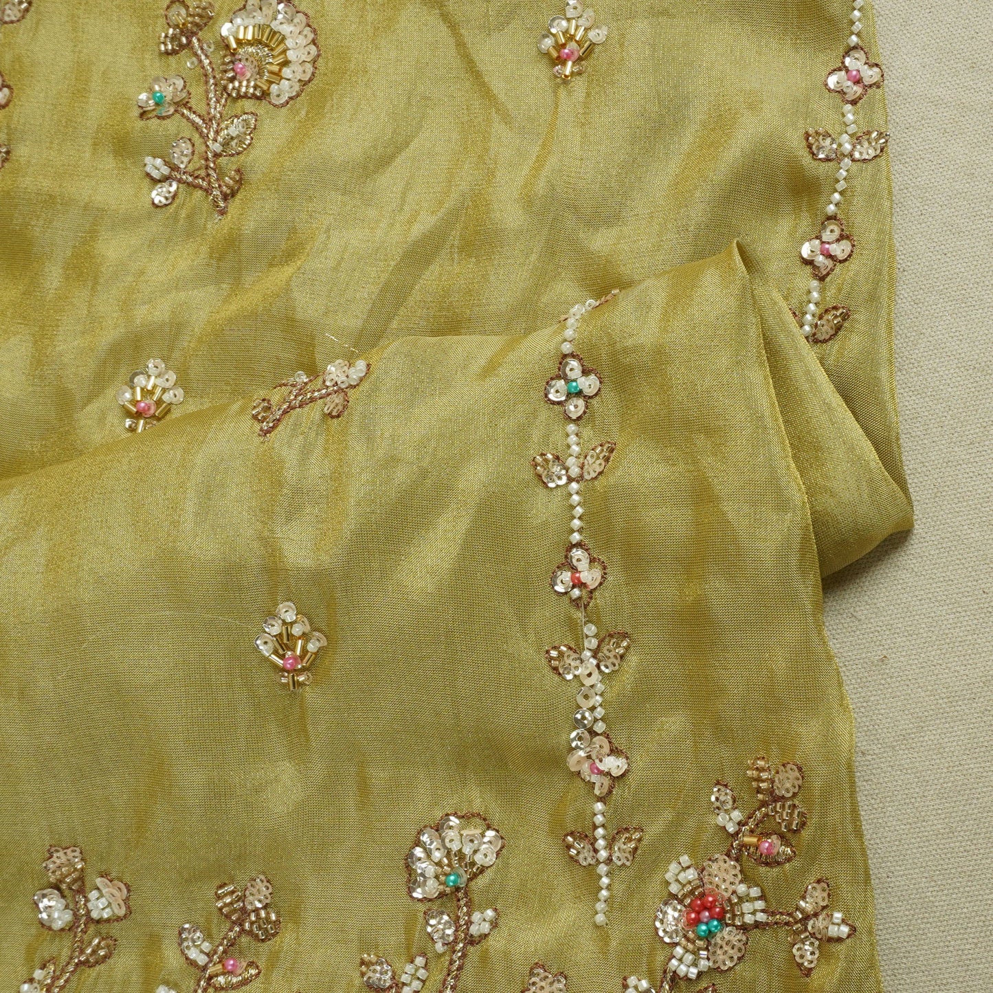 Mustard Floral Cutdana embroidery Tissue Fabric WI-29024