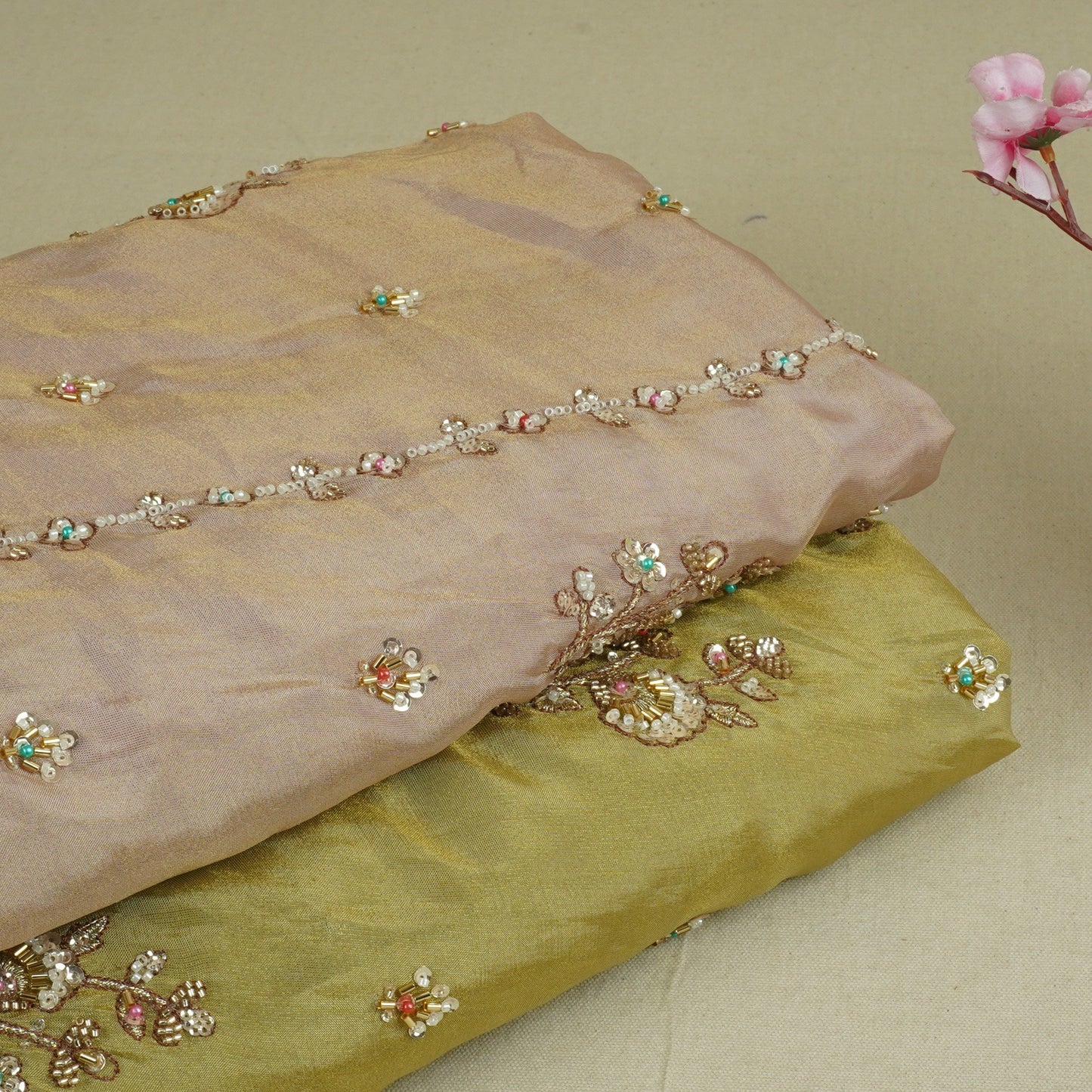 Peach Floral Cutdana embroidery Tissue Fabric WI-29023