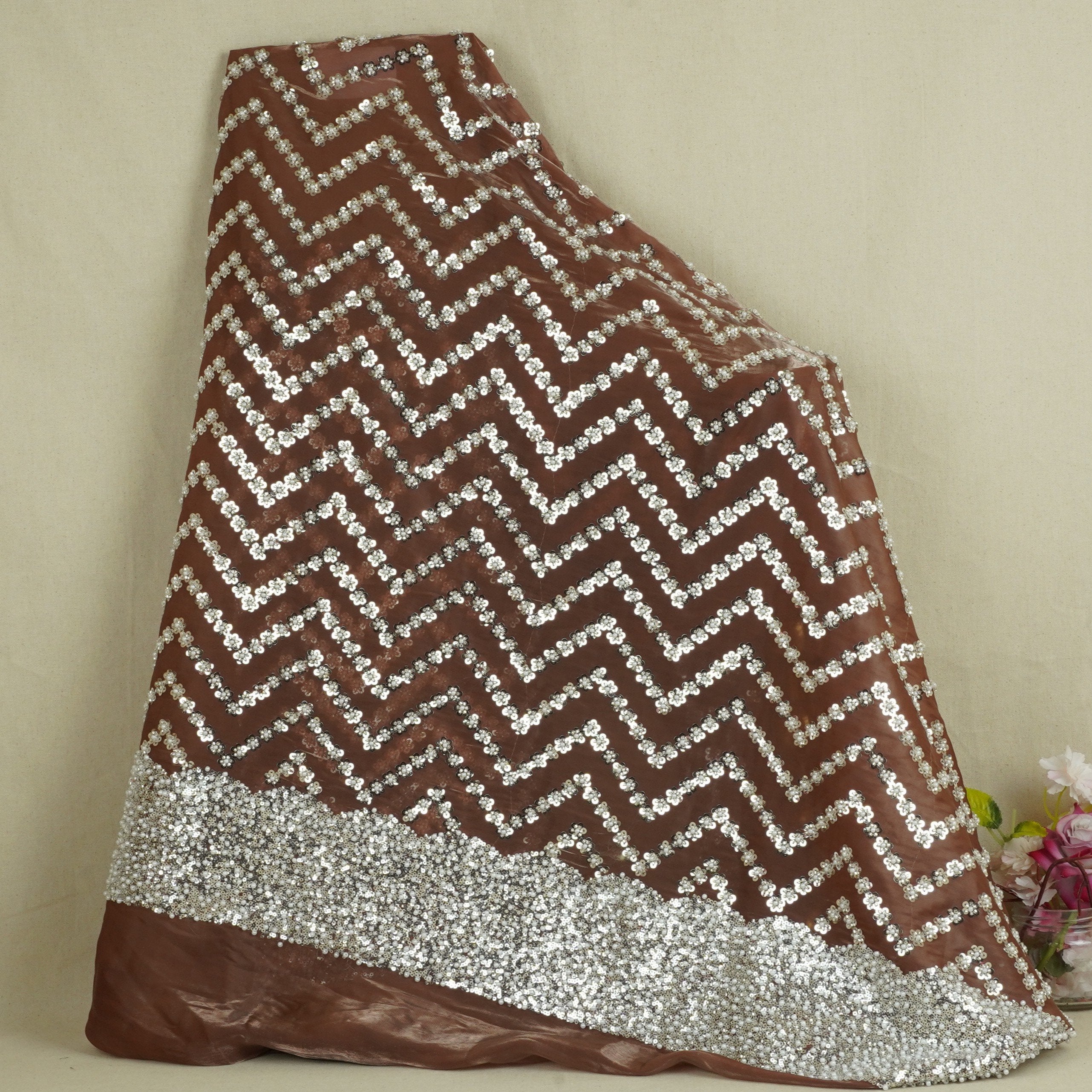 Rust sequence cutdana embroidery Organza Fabric LI-29197 - TradeUNO