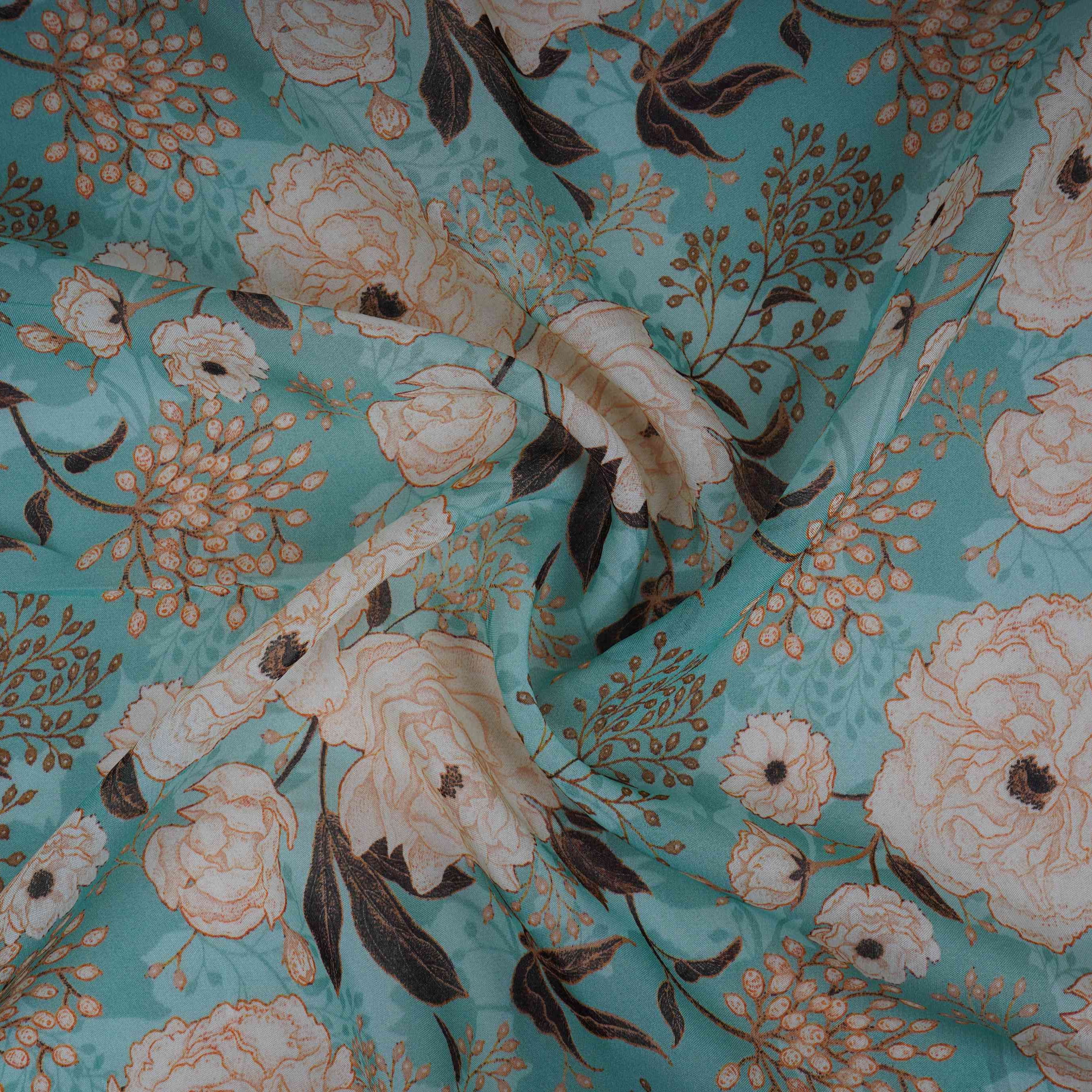 Teal Green Floral Print Organza Fabric MT-30672 - TradeUNO