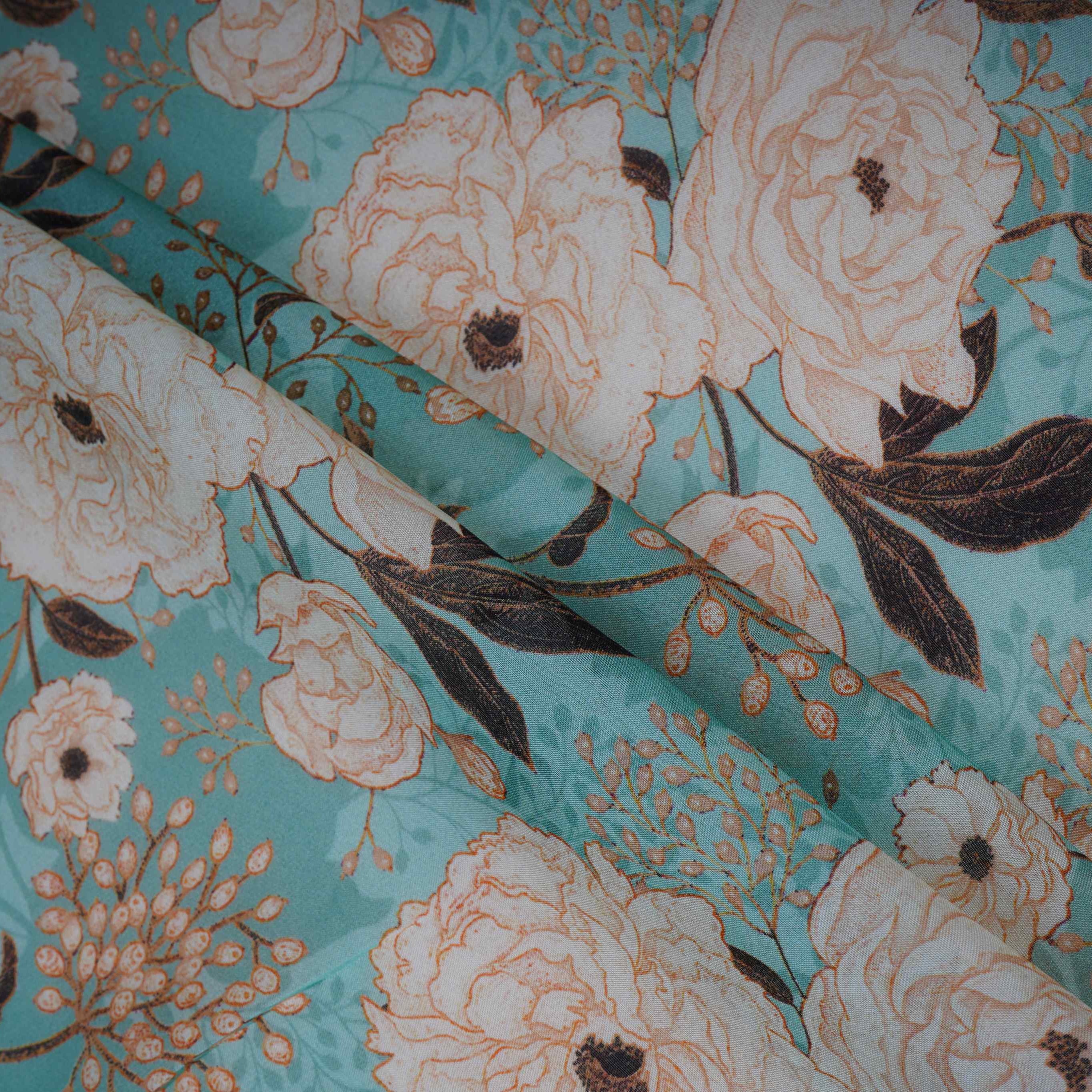 Teal Green Floral Print Organza Fabric MT-30672 - TradeUNO