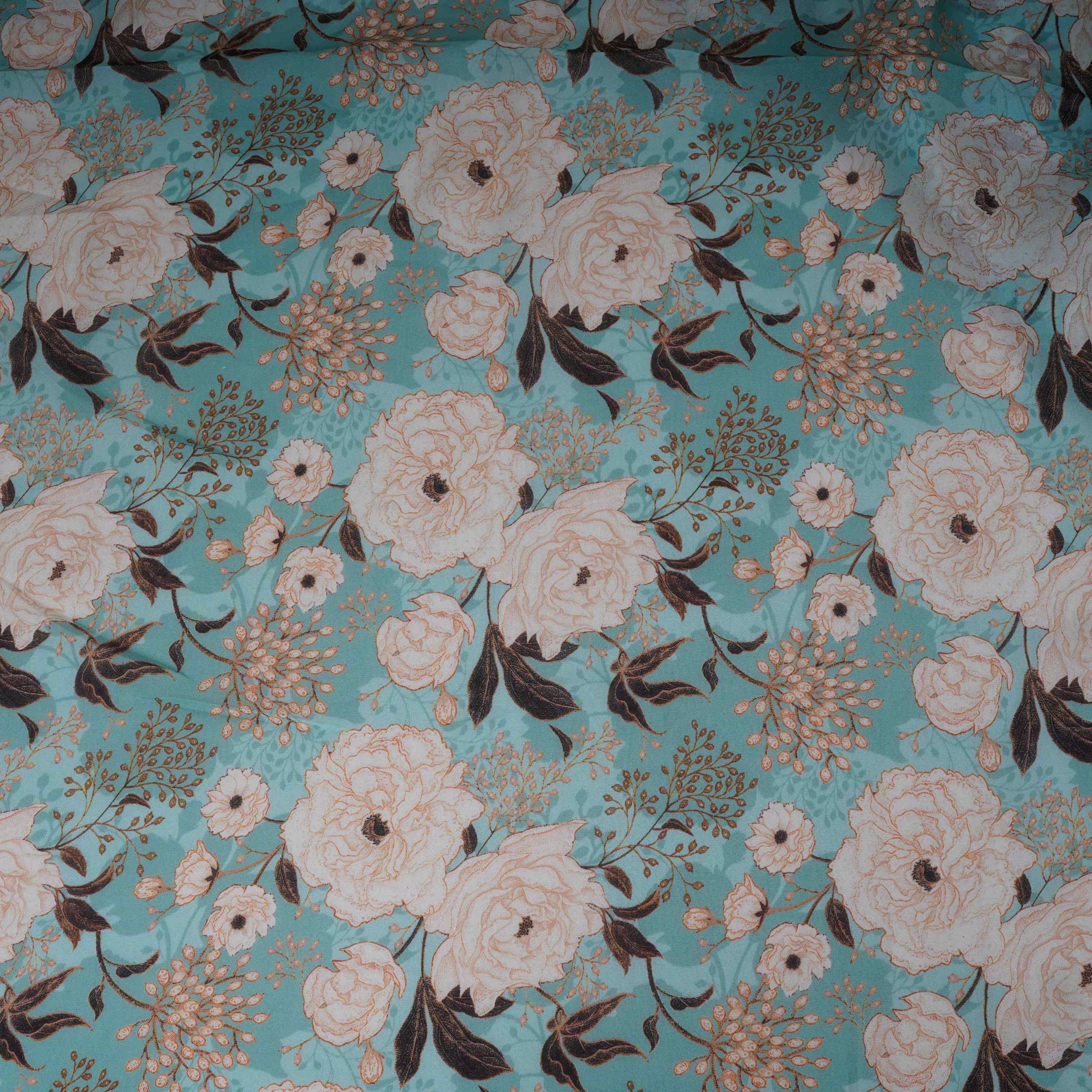 Teal Green Floral Print Organza Fabric MT-30672 - TradeUNO
