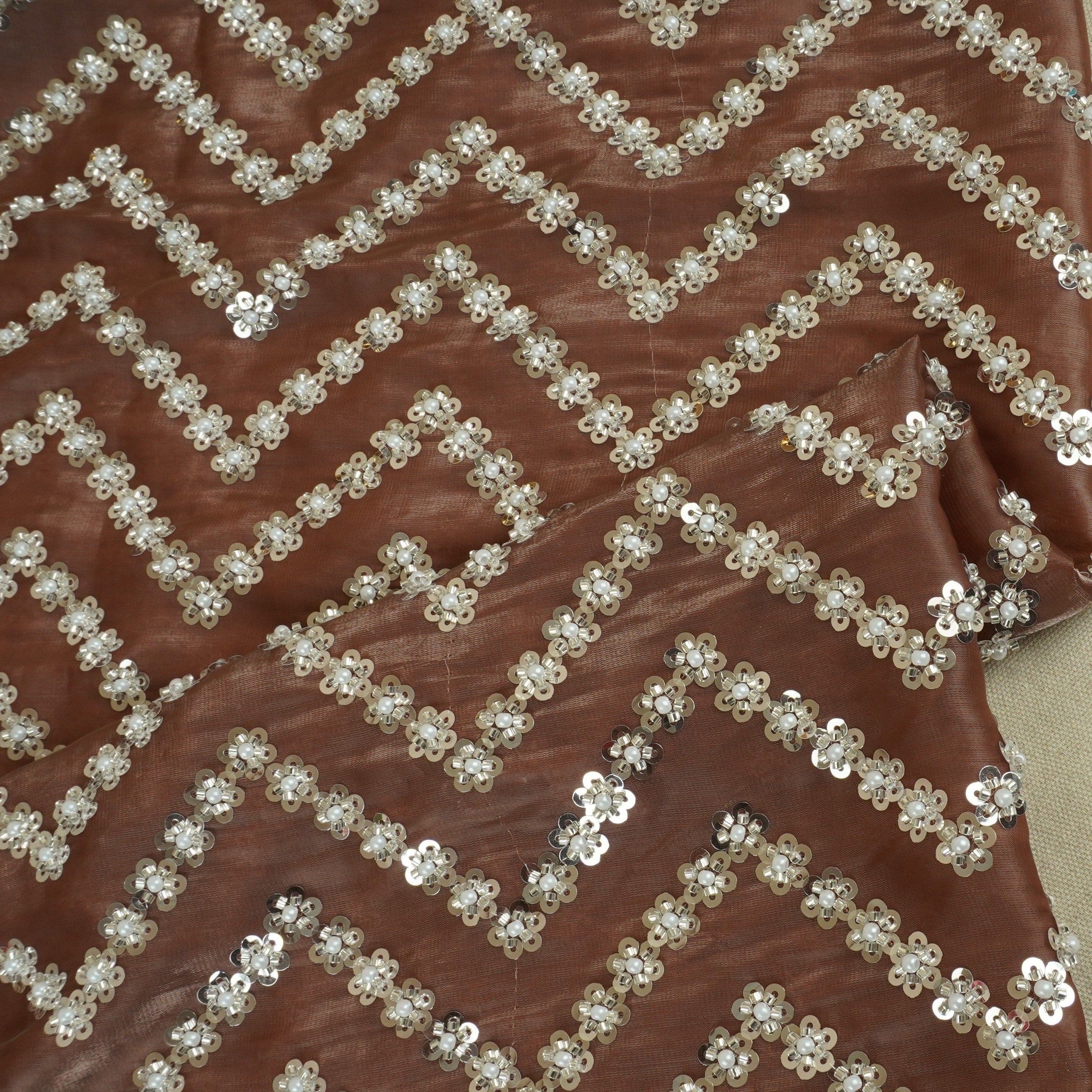 Rust sequence cutdana embroidery Organza Fabric LI-29197 - TradeUNO