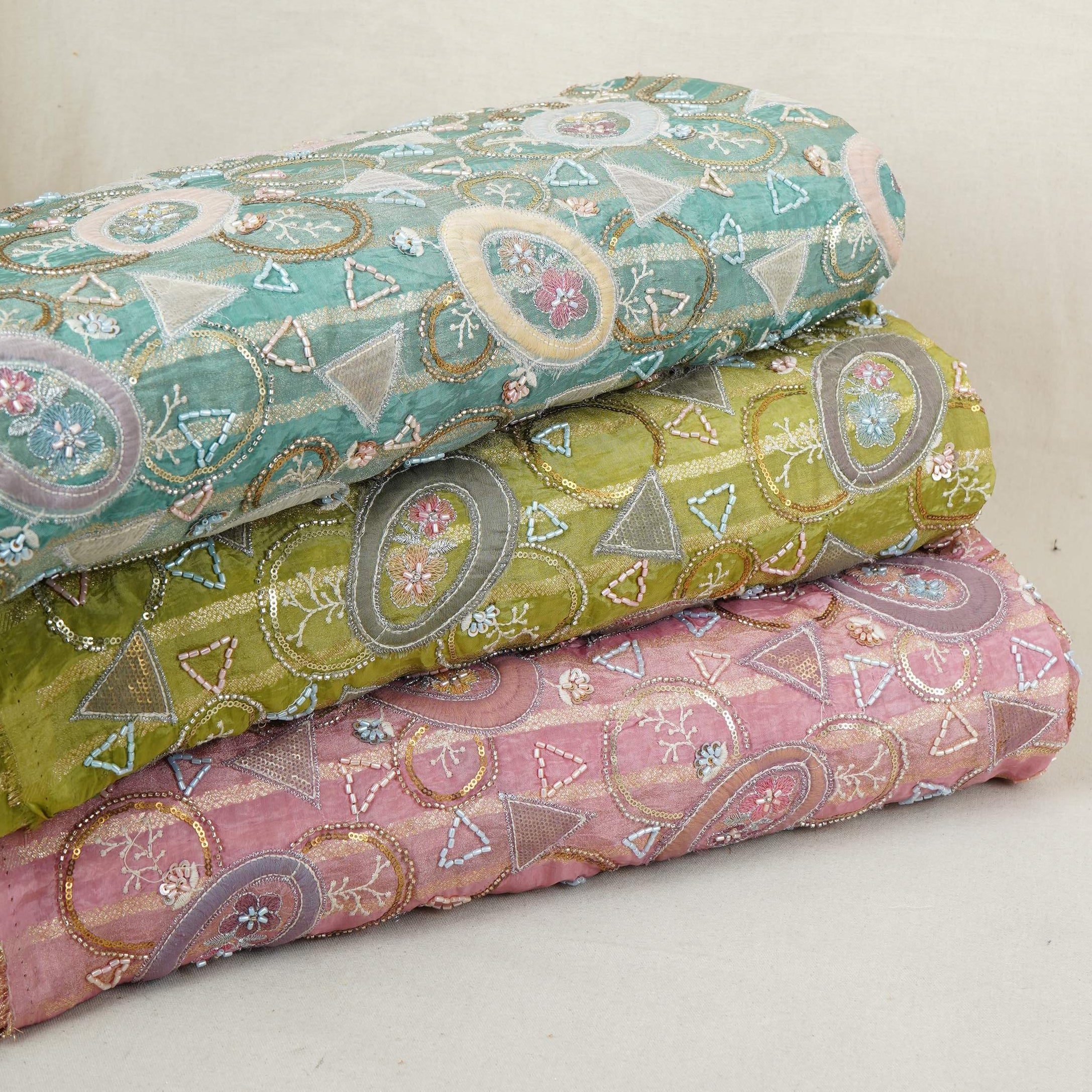 Olive Green Cutdana Premium Embroidery Tissue Fabric GTS-30043 - TradeUNO