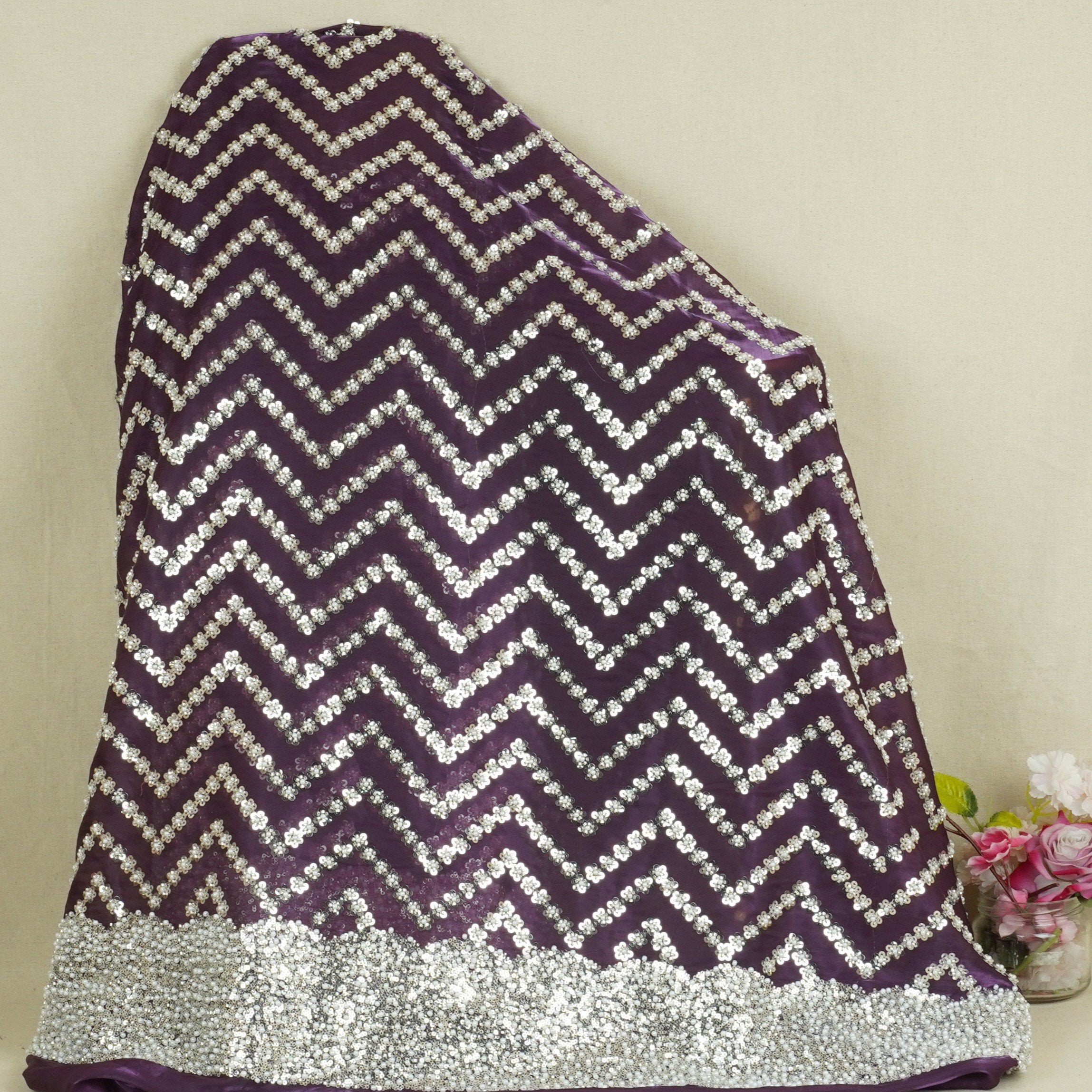 Purple sequence cutdana embroidery Organza Fabric LI-29199 - TradeUNO