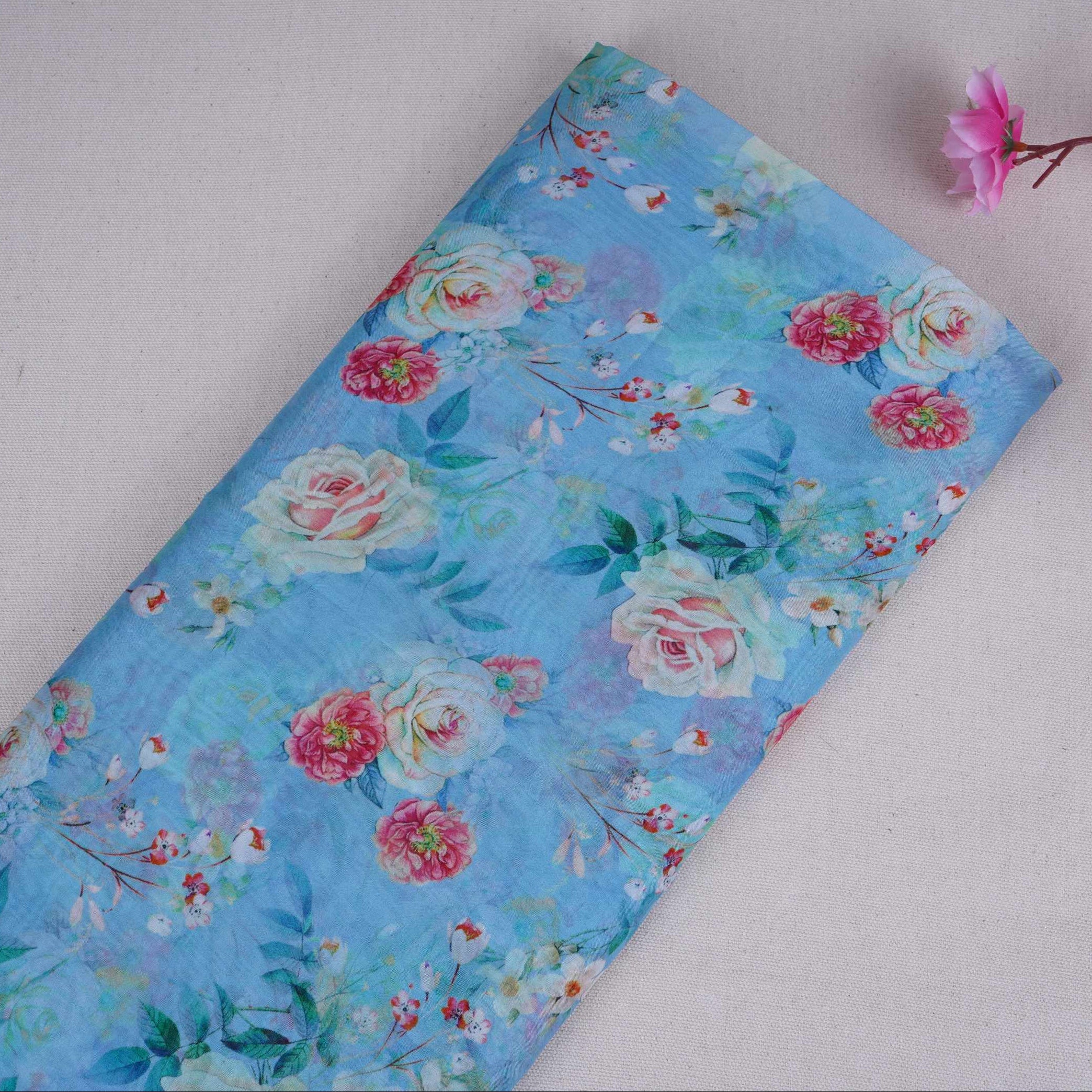 Sky Blue Floral Print Organza Fabric MT-30673 - TradeUNO