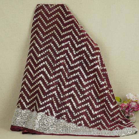 Maroon sequence cutdana embroidery Organza Fabric LI-29198