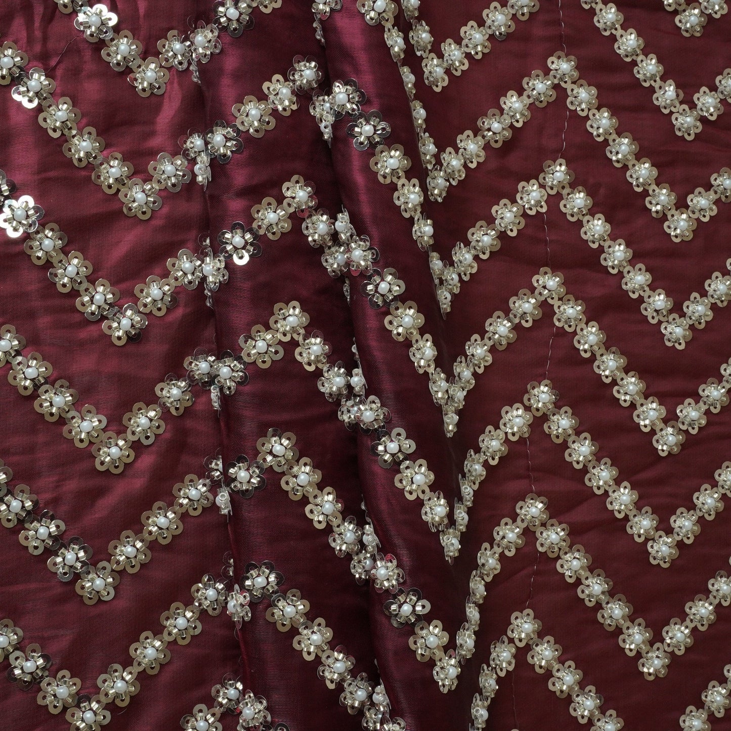 Maroon sequence cutdana embroidery Organza Fabric LI-29198