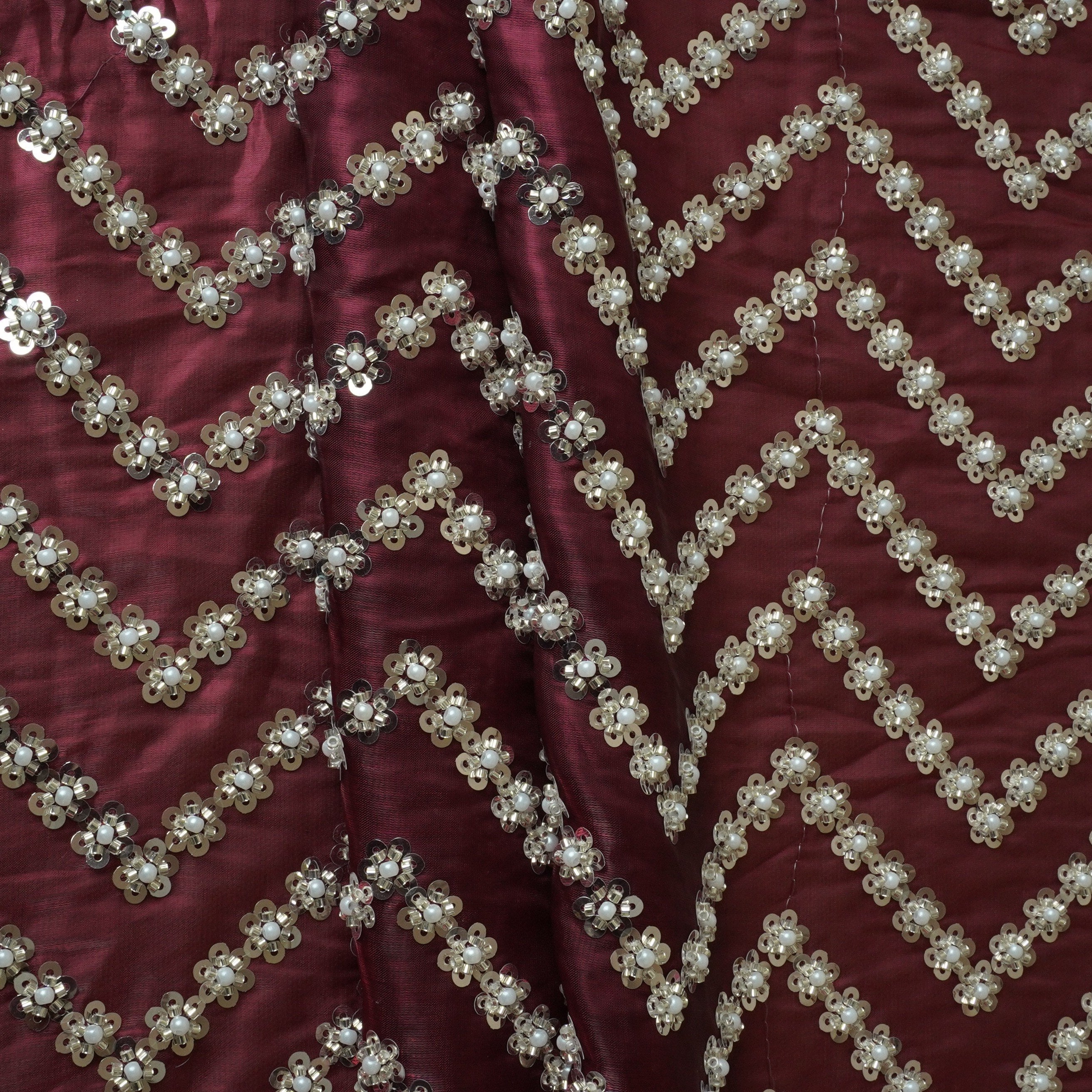 Maroon sequence cutdana embroidery Organza Fabric LI-29198 - TradeUNO