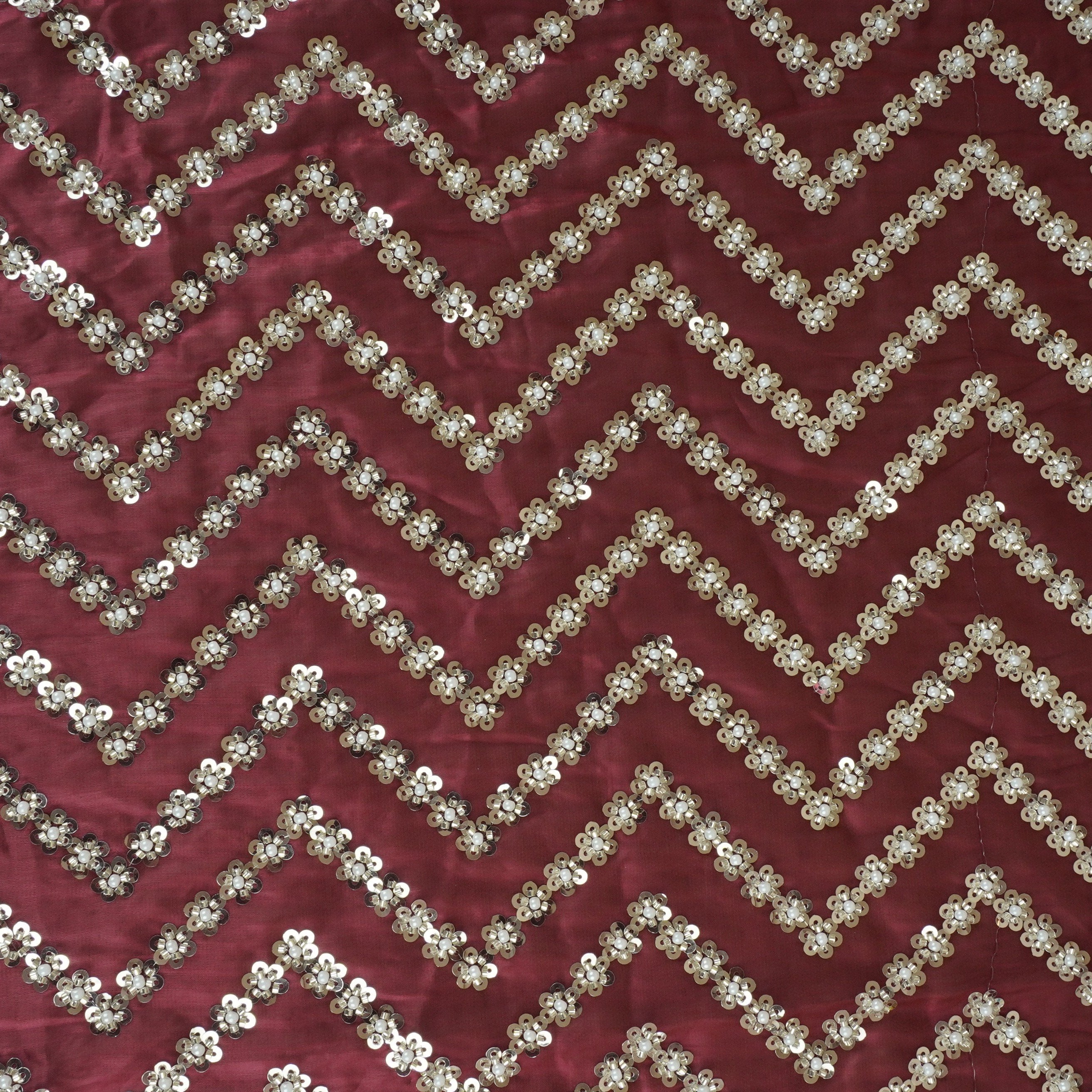 Maroon sequence cutdana embroidery Organza Fabric LI-29198 - TradeUNO