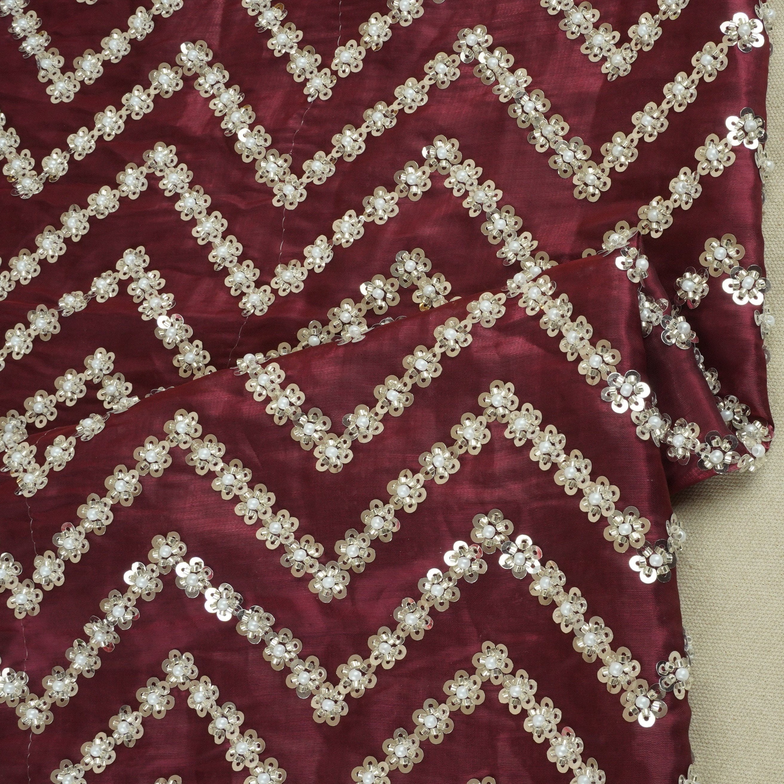 Maroon sequence cutdana embroidery Organza Fabric LI-29198 - TradeUNO