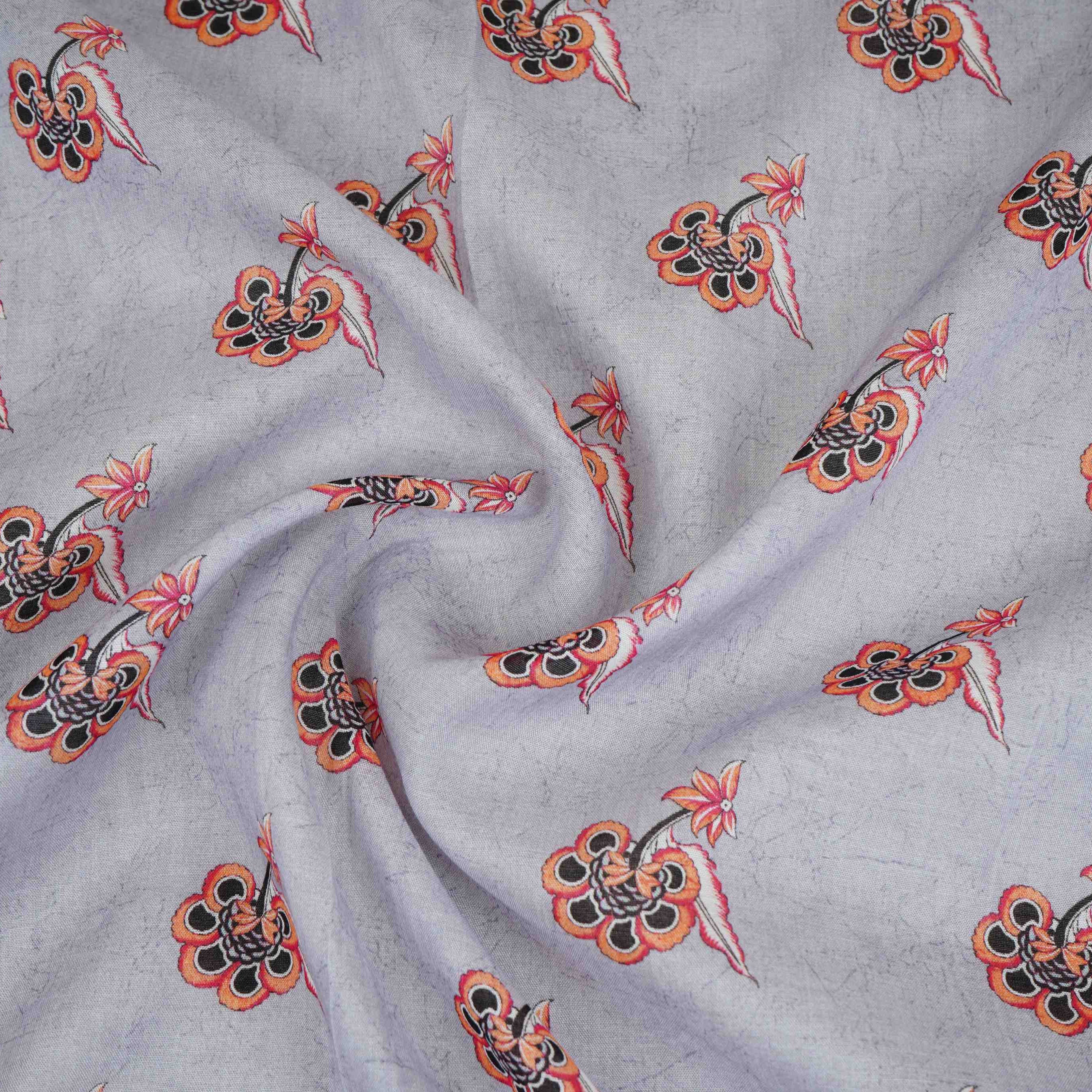 Grey Floral Print Mul Chanderi Fabric VF-30607 - TradeUNO