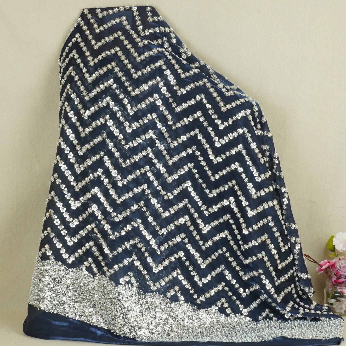 Navy Blue sequence cutdana embroidery Organza Fabric LI-29196