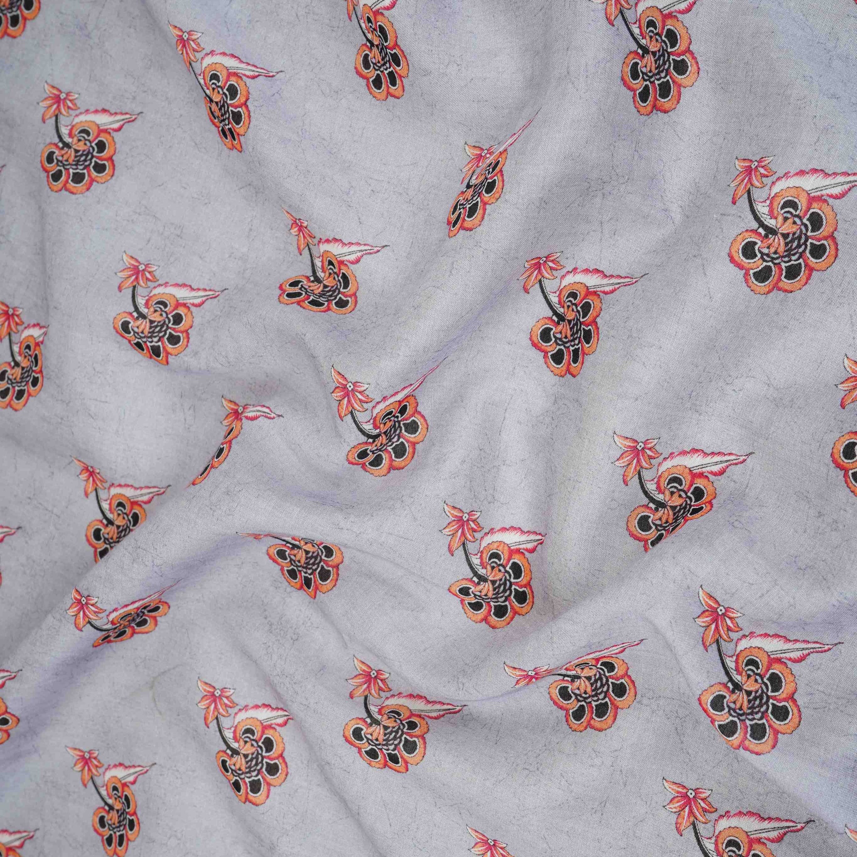 Grey Floral Print Mul Chanderi Fabric VF-30607 - TradeUNO