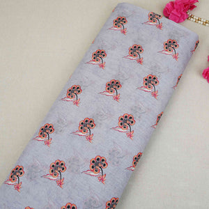 Grey Floral Print Mul Chanderi Fabric VF-30607 - TradeUNO
