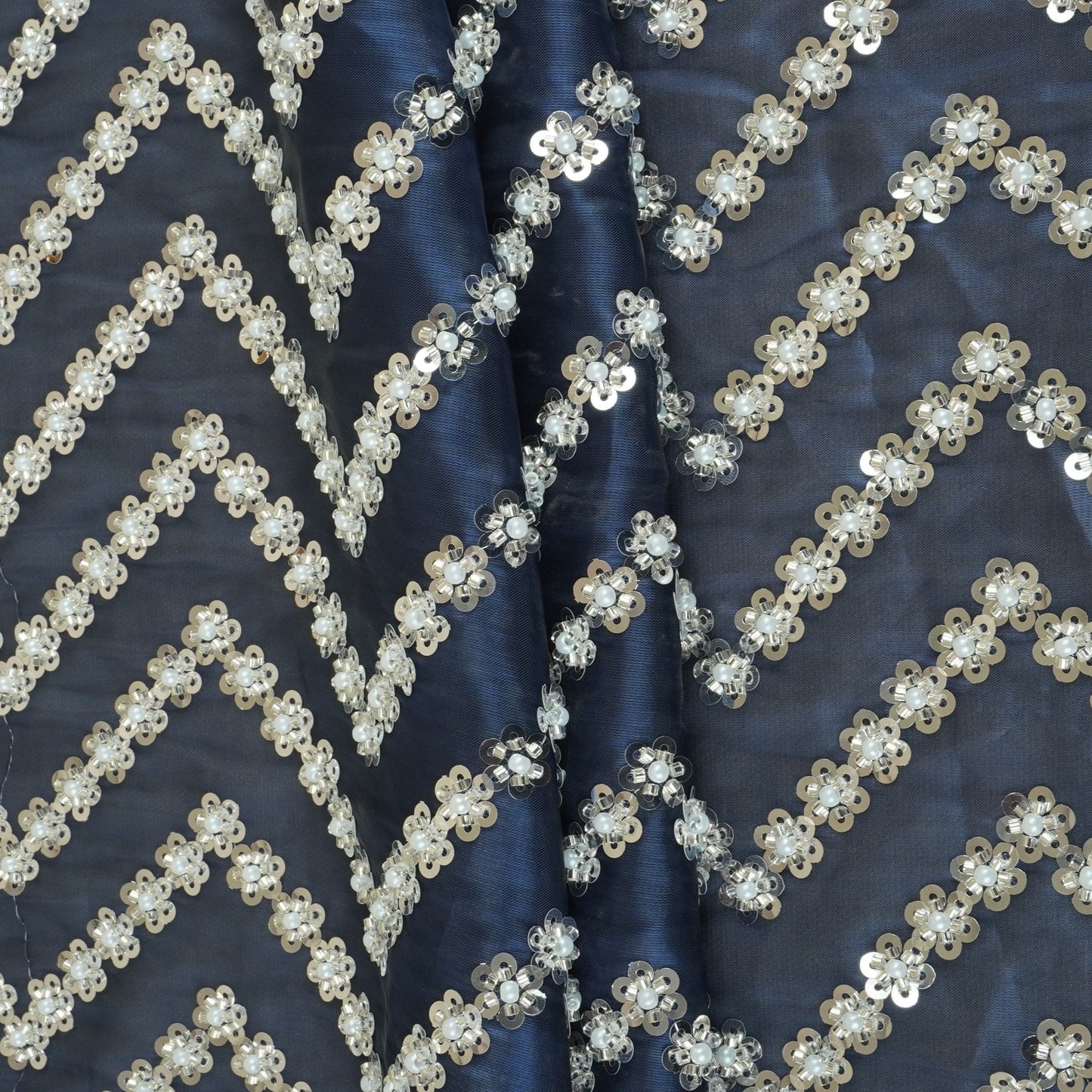 Navy Blue sequence cutdana embroidery Organza Fabric LI-29196