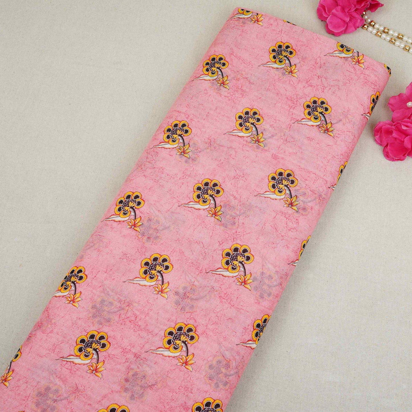 Pink Floral Print Mul Chanderi Fabric VF-30609