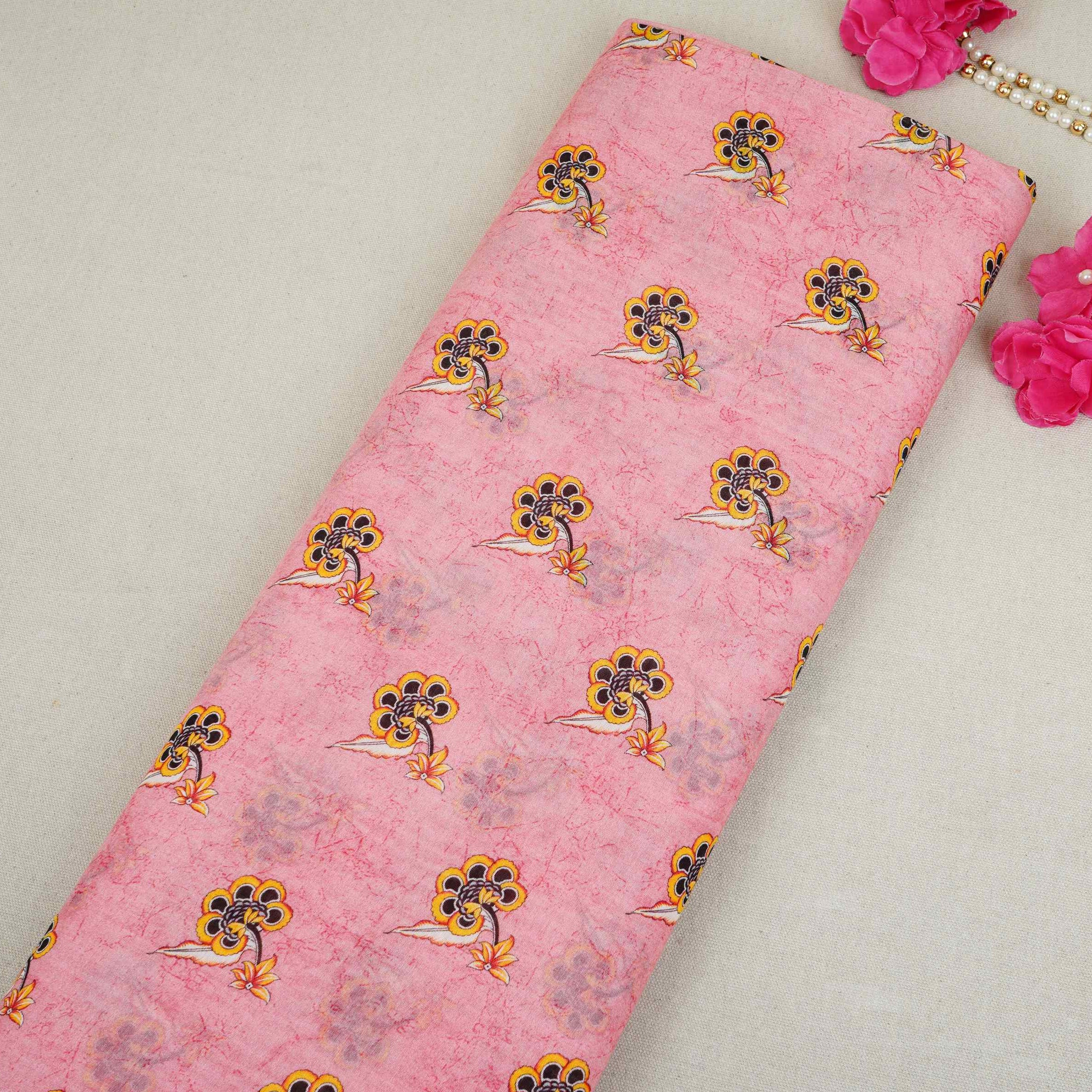 Pink Floral Print Mul Chanderi Fabric VF-30609 - TradeUNO