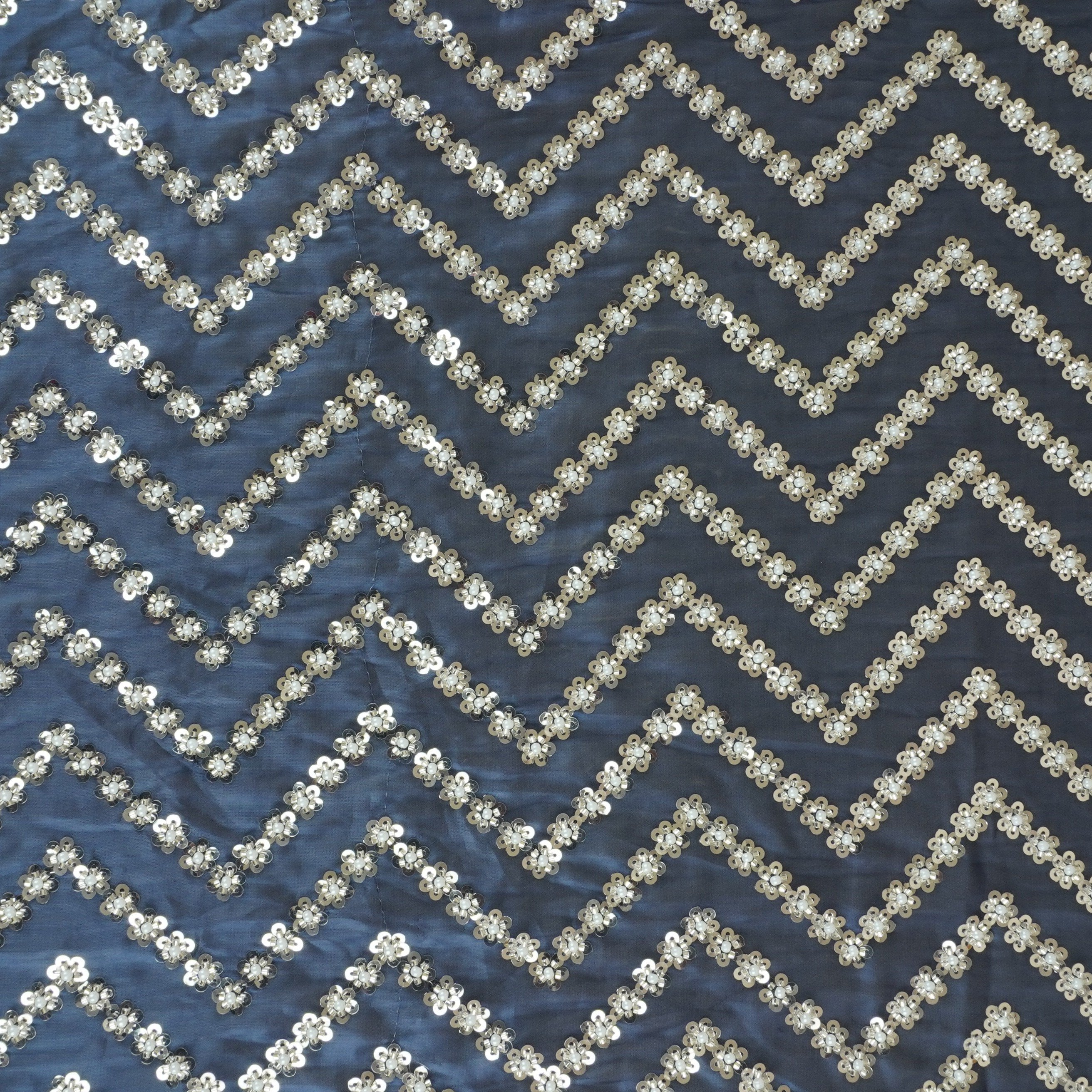 Navy Blue sequence cutdana embroidery Organza Fabric LI-29196 - TradeUNO