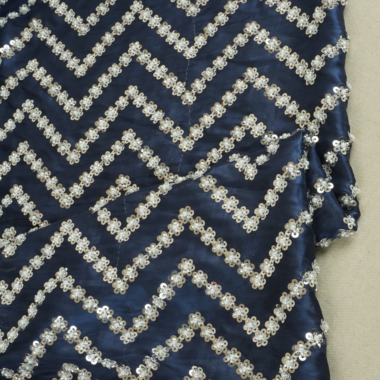 Navy Blue sequence cutdana embroidery Organza Fabric LI-29196