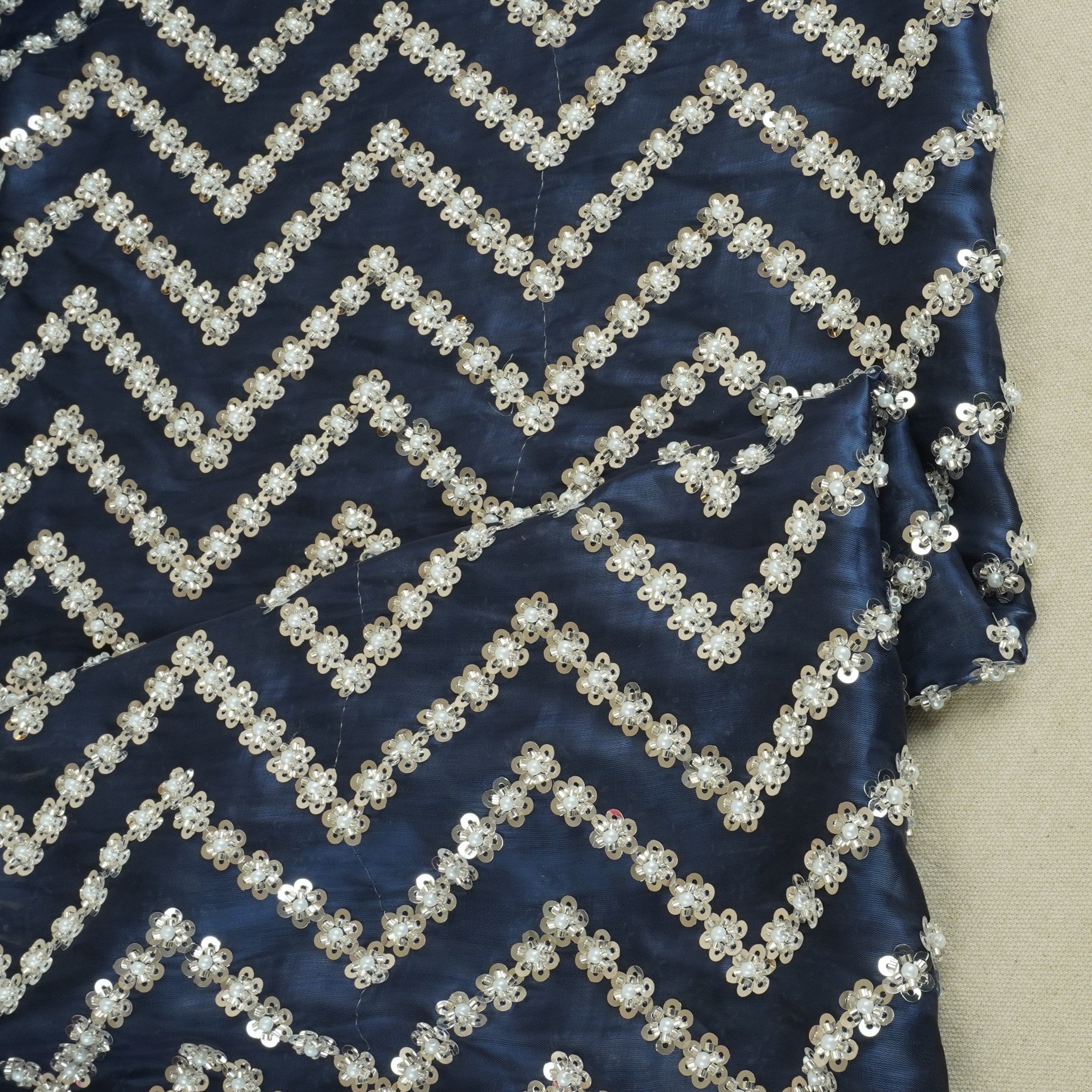 Navy Blue sequence cutdana embroidery Organza Fabric LI-29196 - TradeUNO