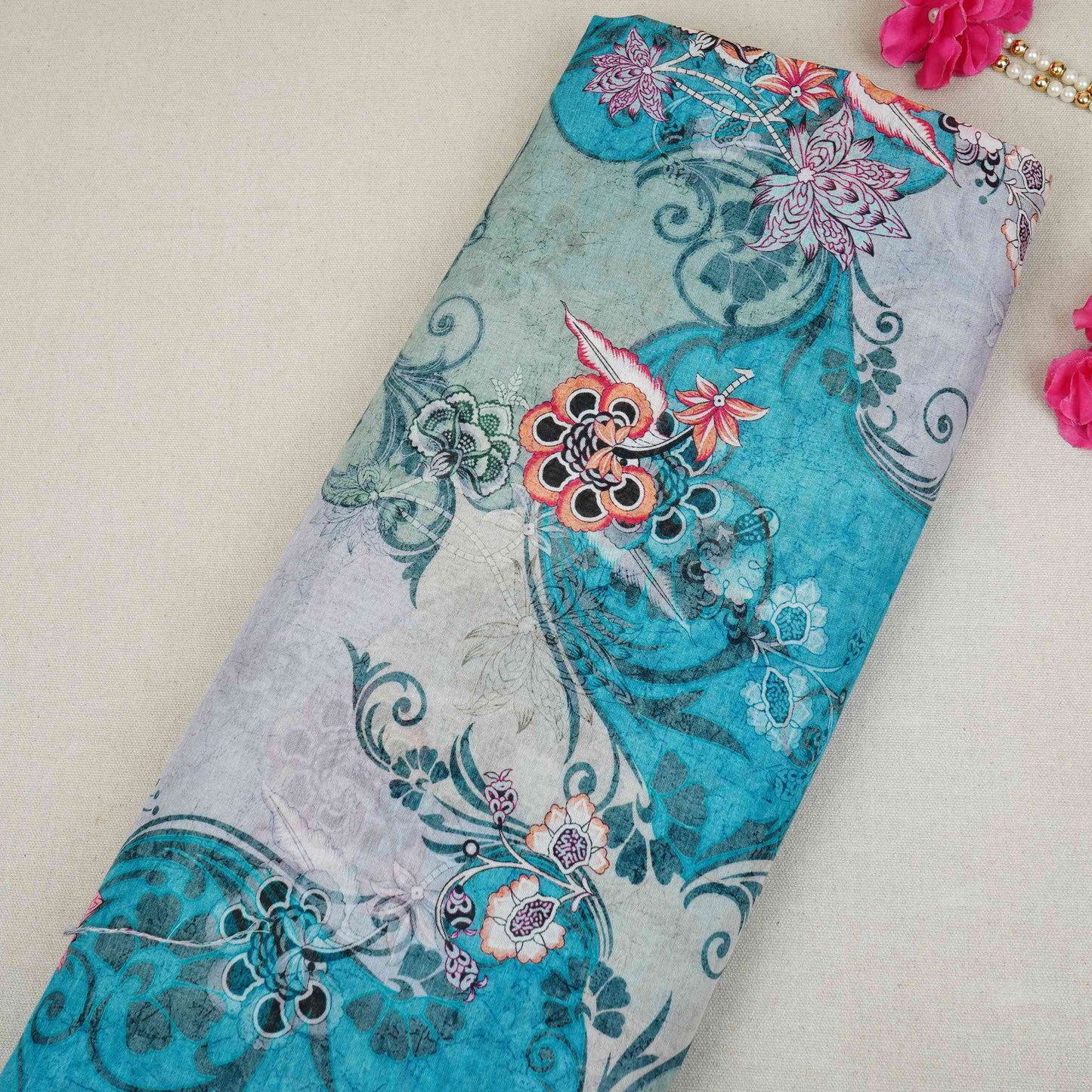 Grey With Multicolor Floral Print Mul Chanderi Fabric VF-30606