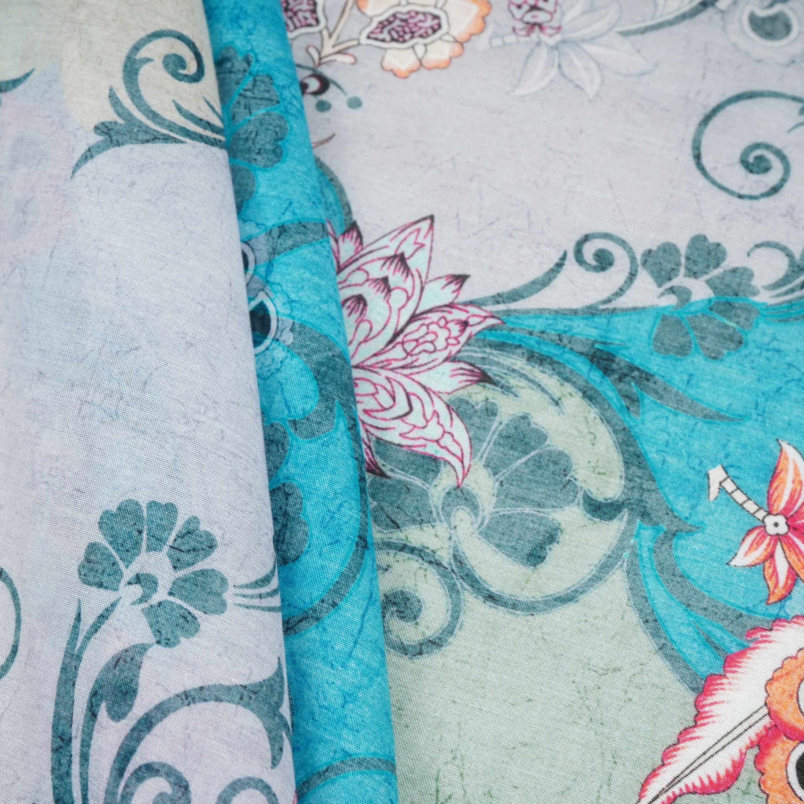Grey With Multicolor Floral Print Mul Chanderi Fabric VF-30606 - TradeUNO
