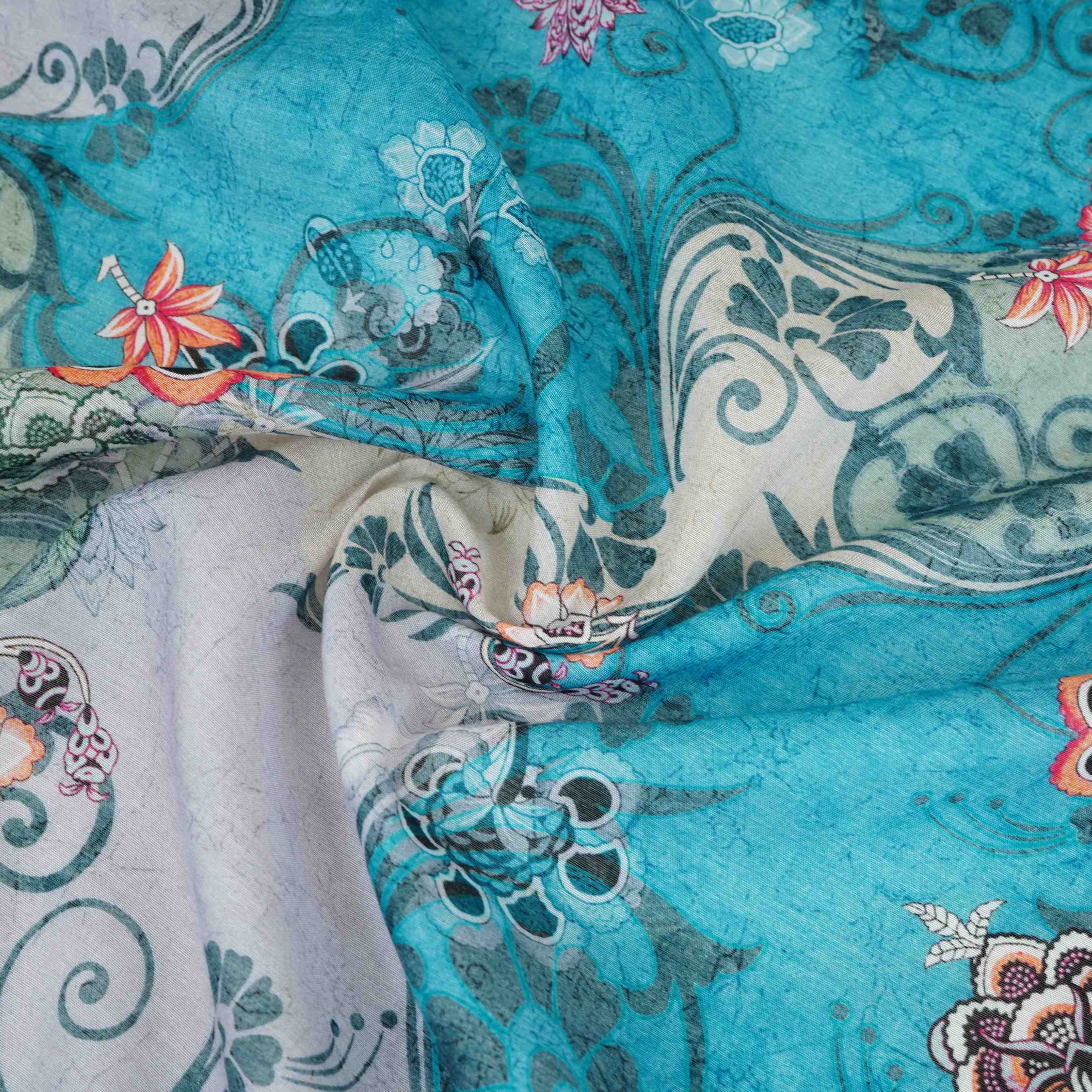 Grey With Multicolor Floral Print Mul Chanderi Fabric VF-30606 - TradeUNO
