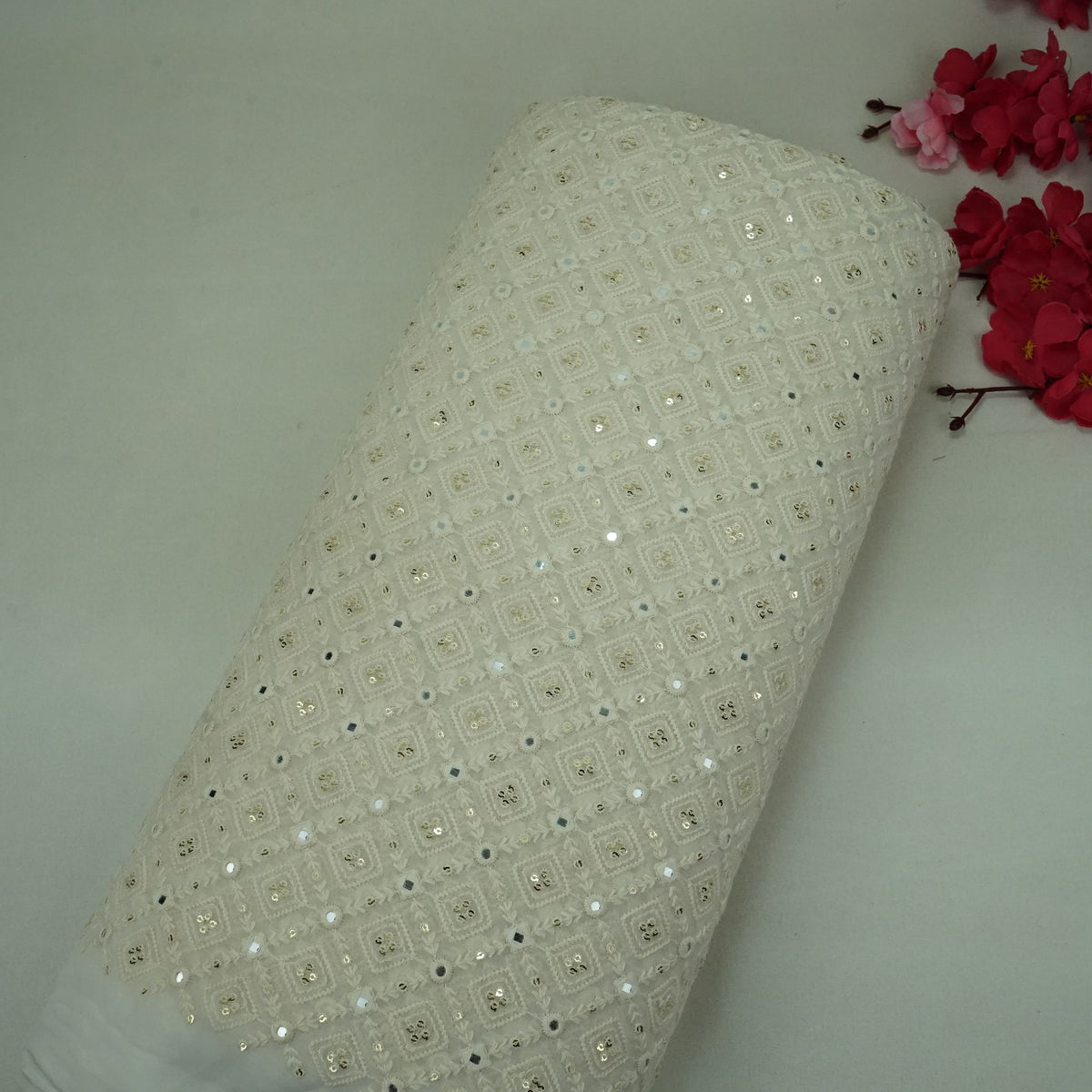 White Mirror Thread Floral Embroidery Georgette Fabric AT-33335