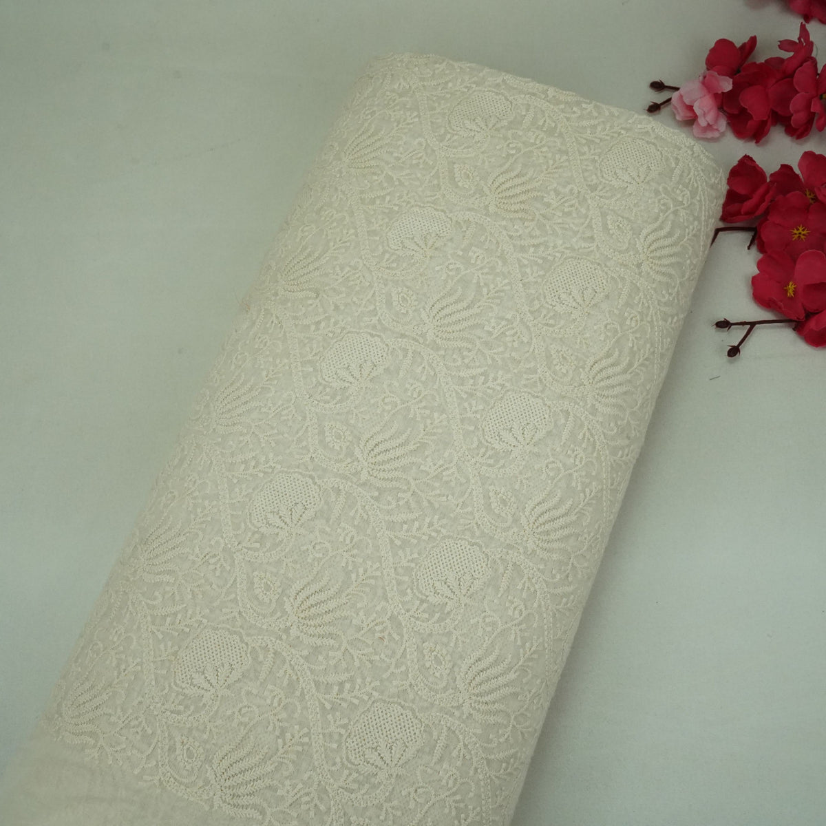 Off White Floral Thread Embroidery Chanderi Fabric AT-33336