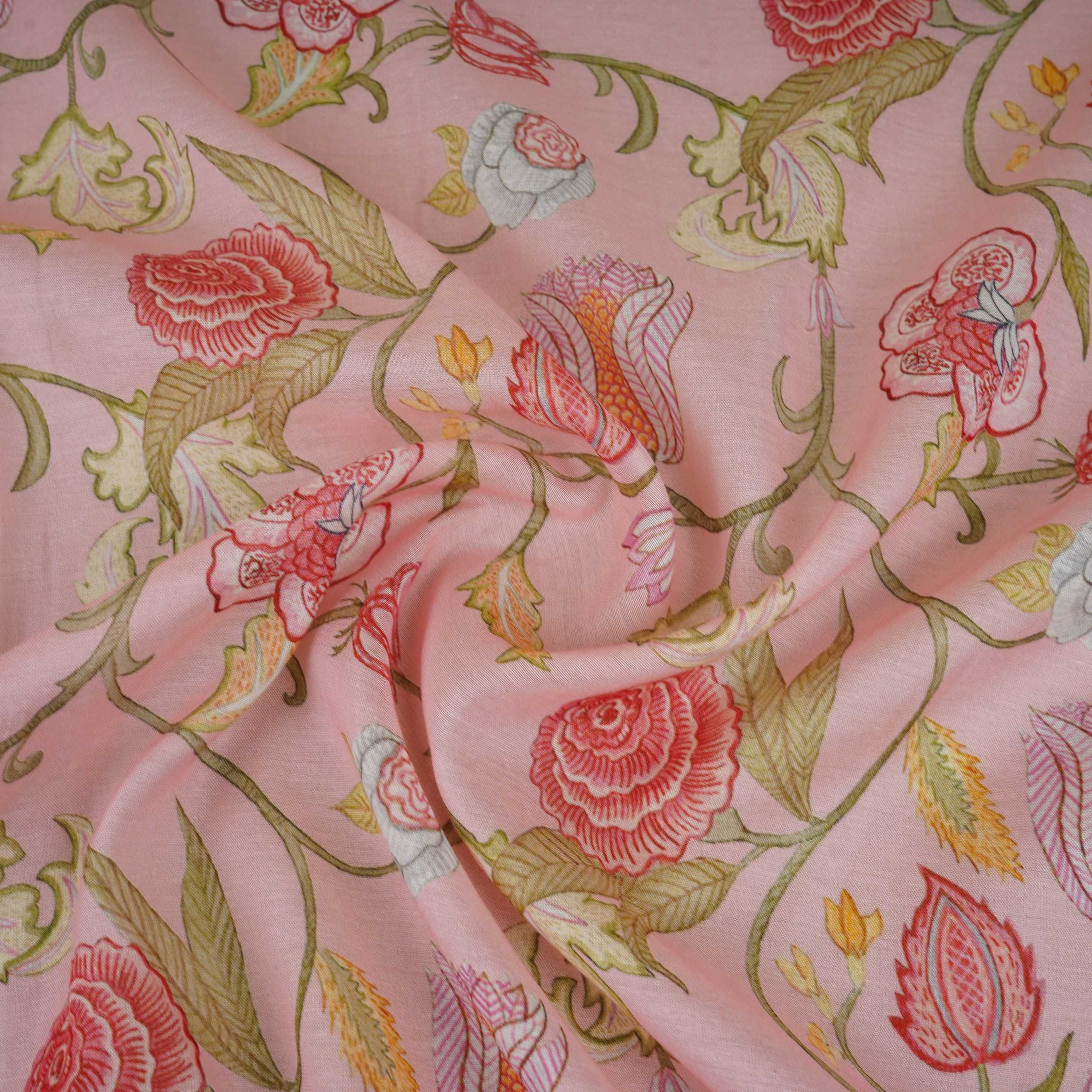 Pink Chintz Floral Print Mul Chanderi Fabric GTS-30508 - TradeUNO