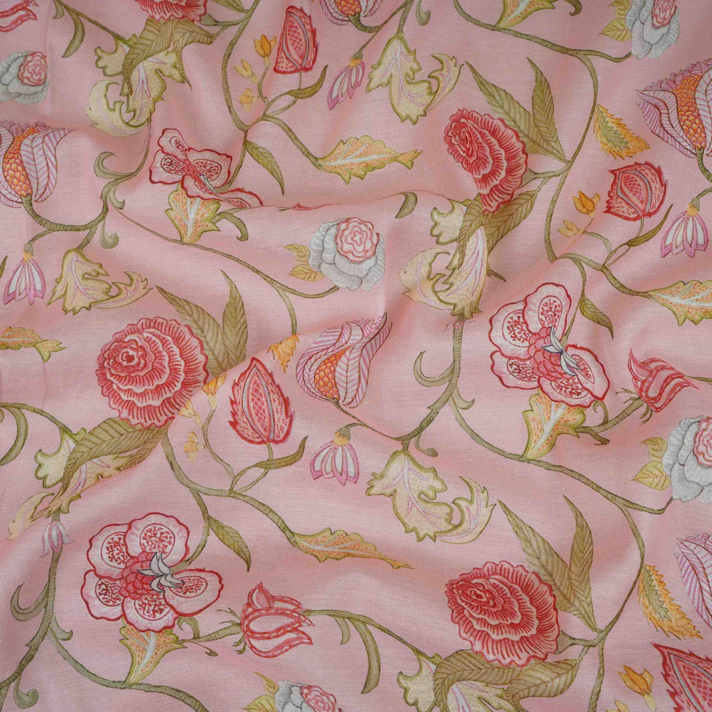 Pink Chintz Floral Print Mul Chanderi Fabric GTS-30508