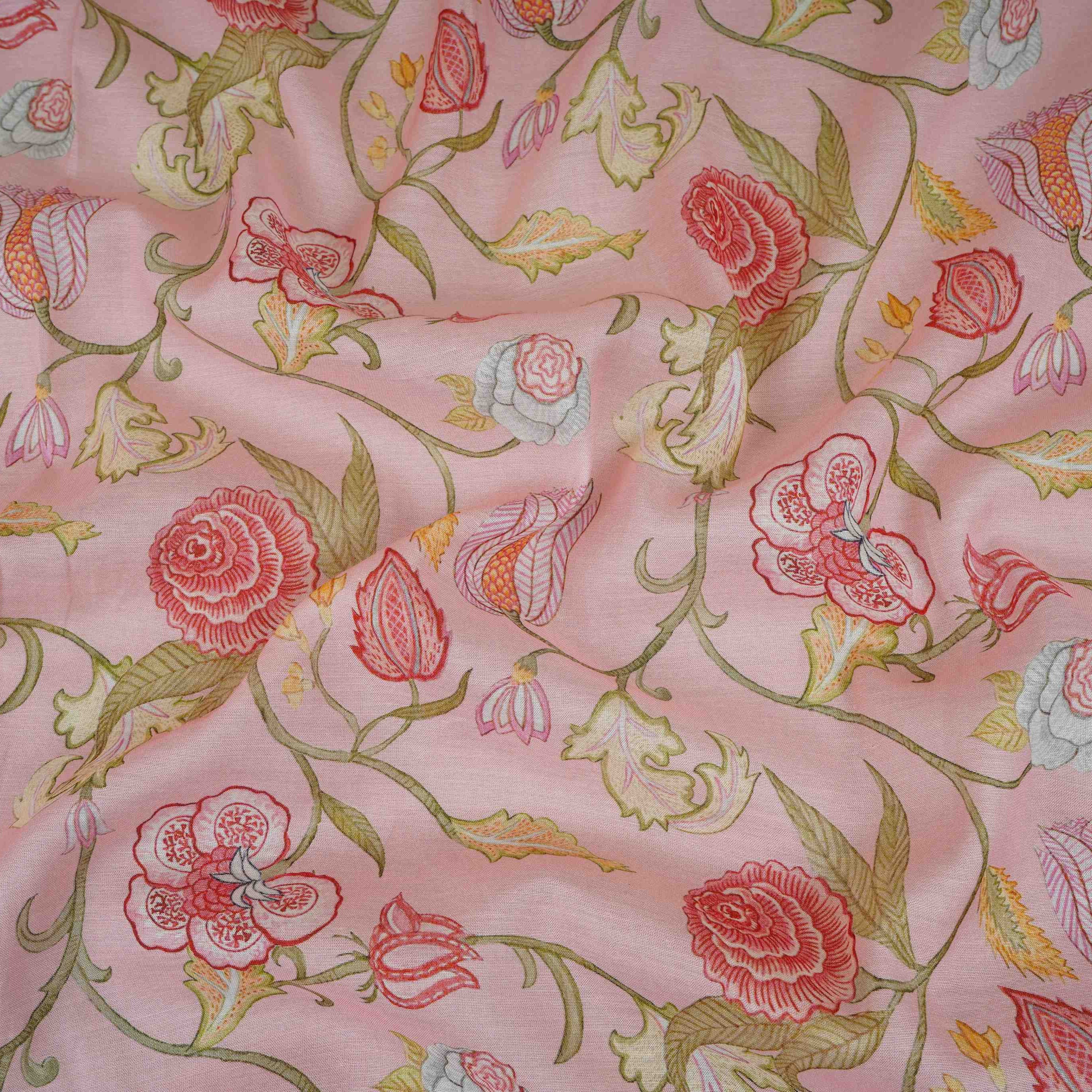 Pink Chintz Floral Print Mul Chanderi Fabric GTS-30508 - TradeUNO