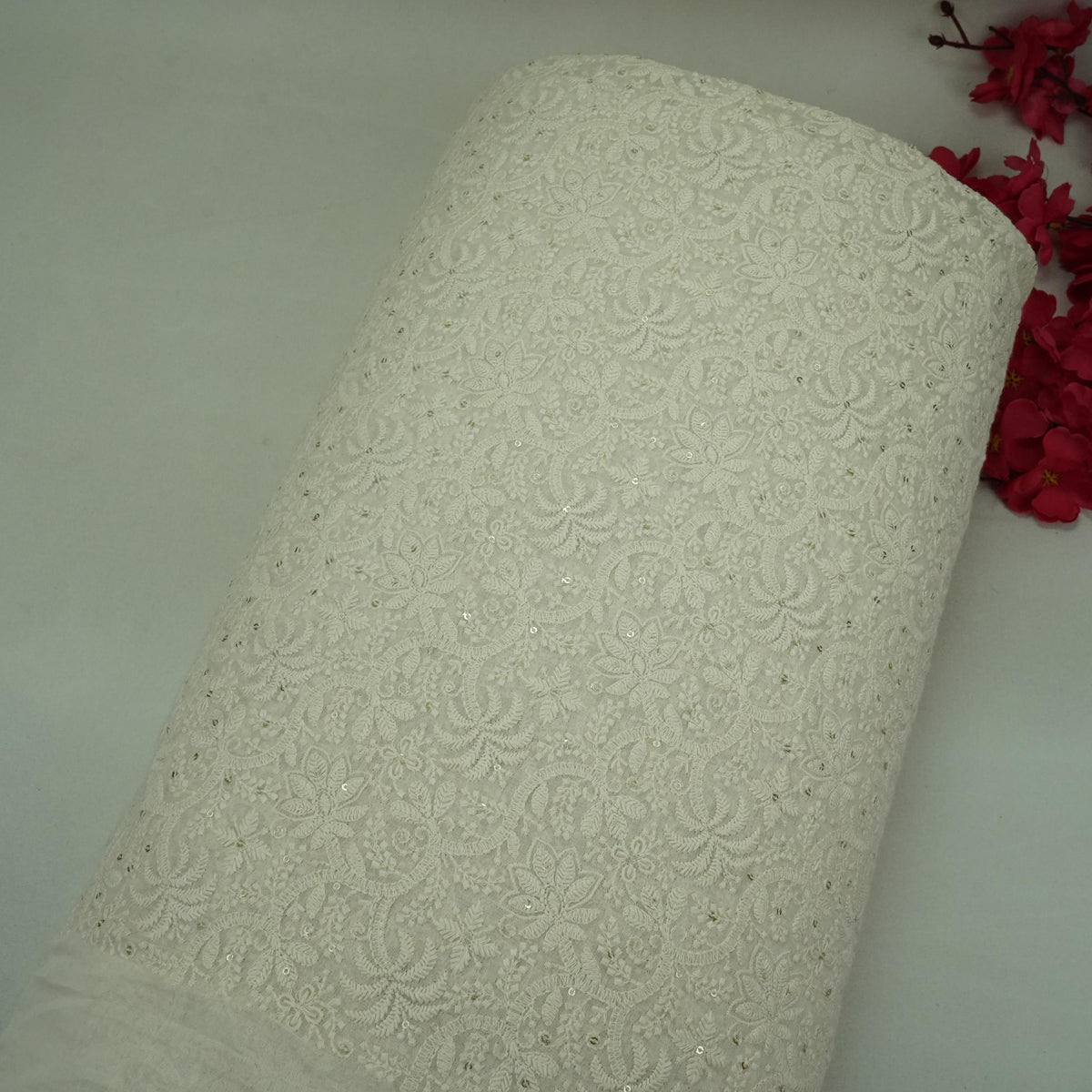 Off White Floral Thread Sequins Embroidery Chanderi Fabric AT-33337