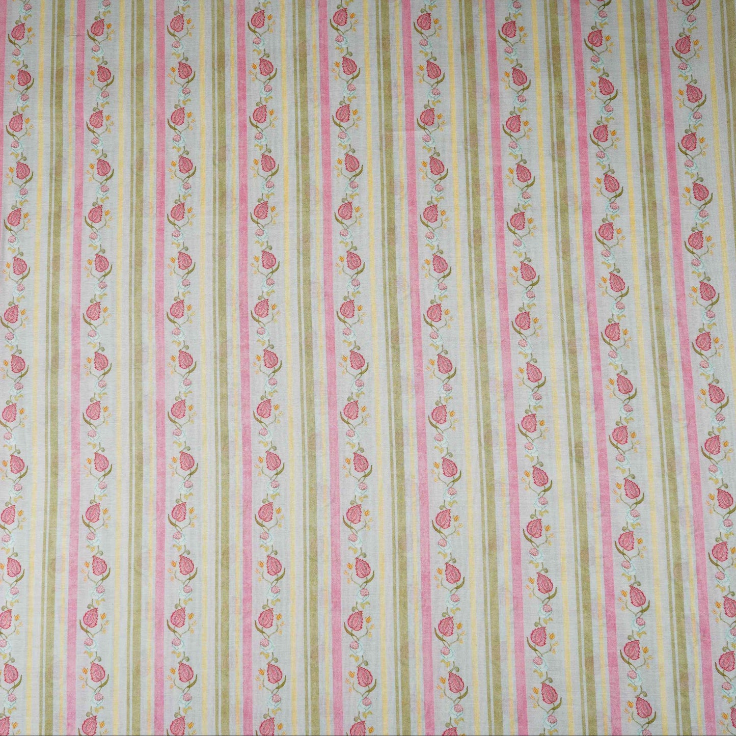 Light Blue & Green Floral Stripes Print Mul Chanderi Fabric GTS-30507