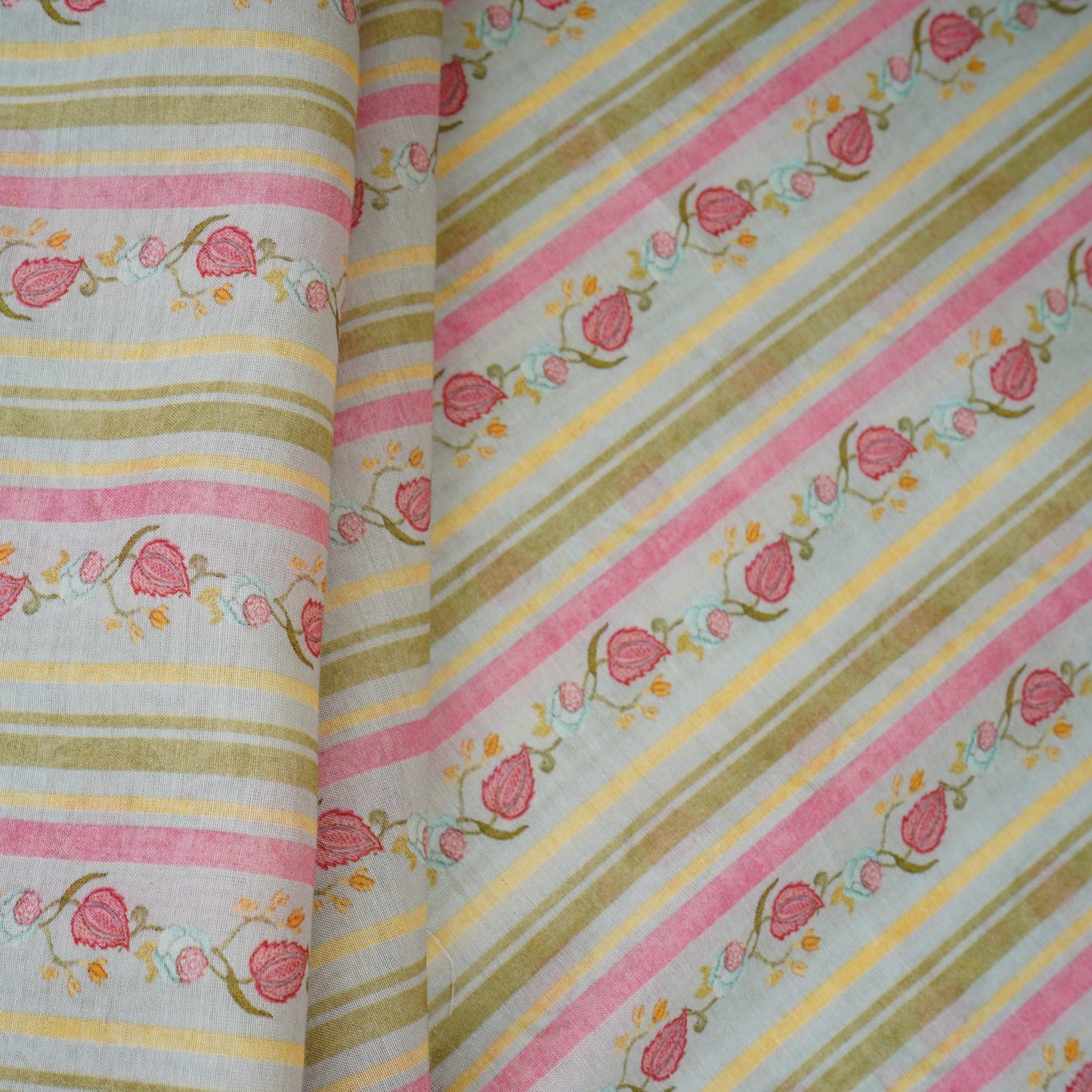 Light Blue & Green Floral Stripes Print Mul Chanderi Fabric GTS-30507