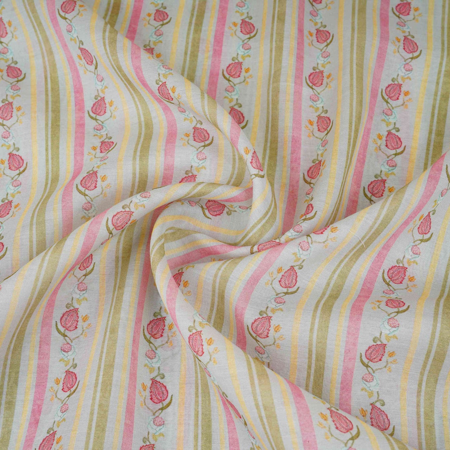 Light Blue & Green Floral Stripes Print Mul Chanderi Fabric GTS-30507
