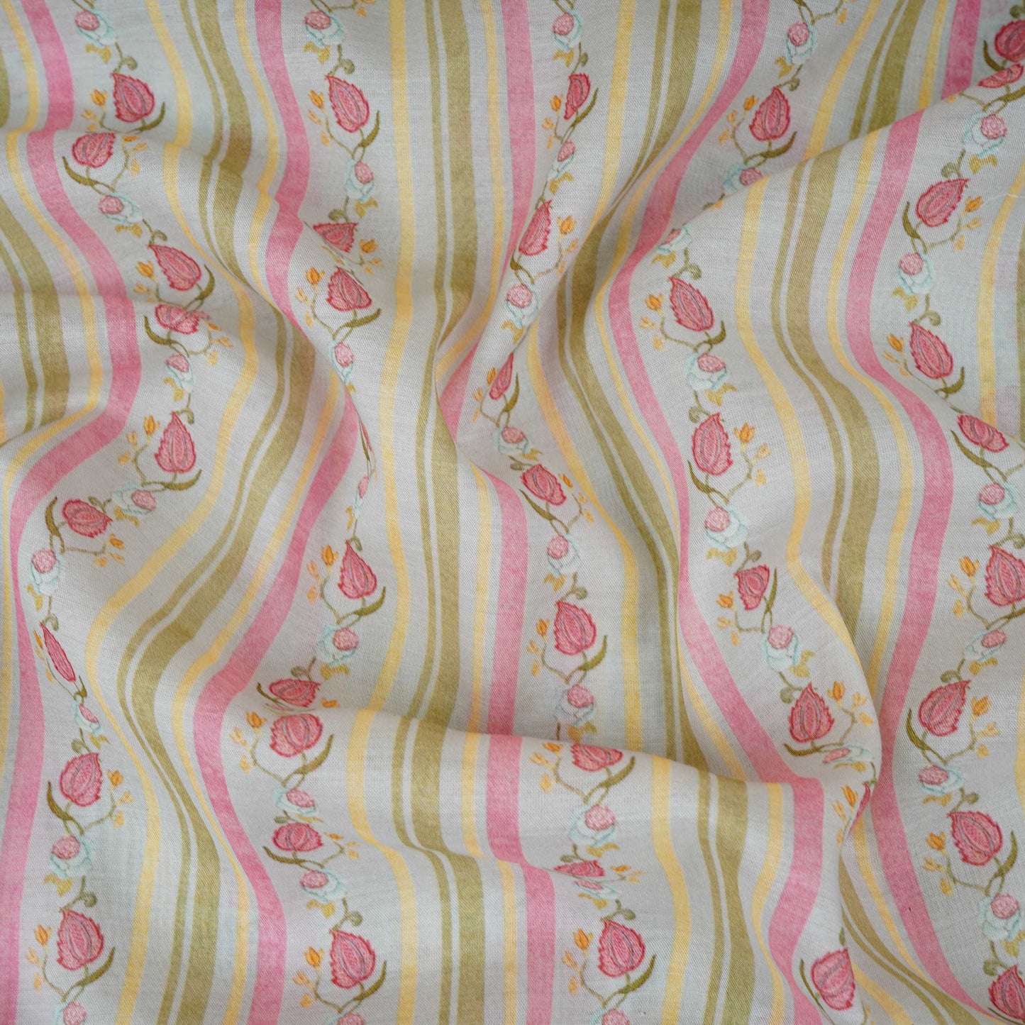 Light Blue & Green Floral Stripes Print Mul Chanderi Fabric GTS-30507
