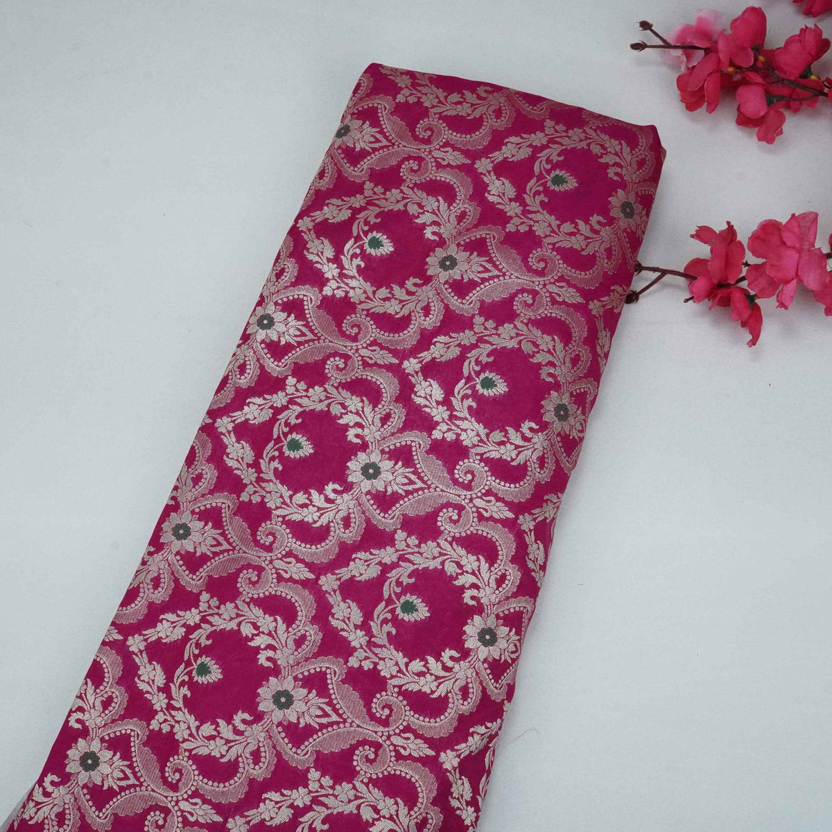 Pink Floral Jaal Meena Zari Brocade Fabric HMS-35024