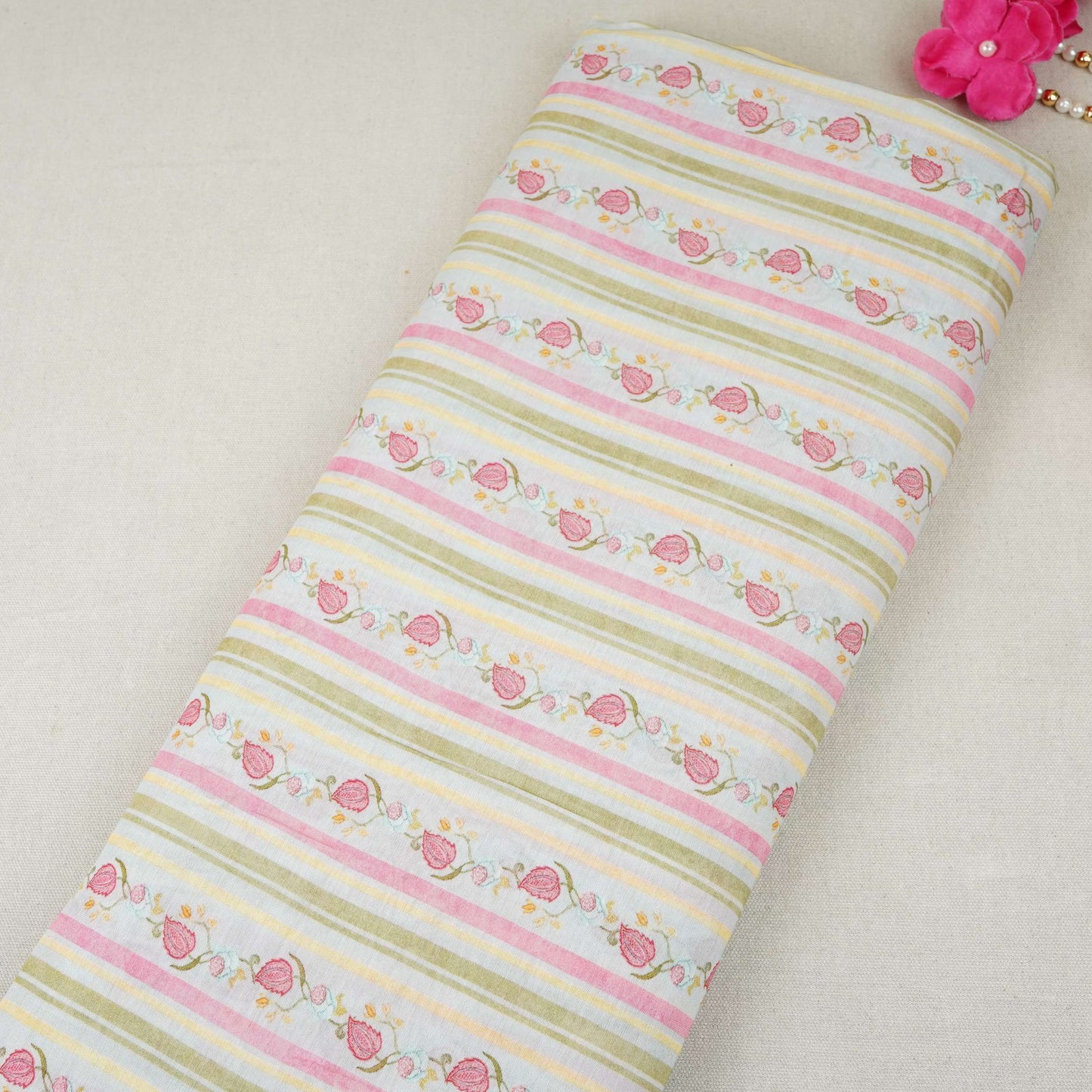 Light Blue & Green Floral Stripes Print Mul Chanderi Fabric GTS-30507