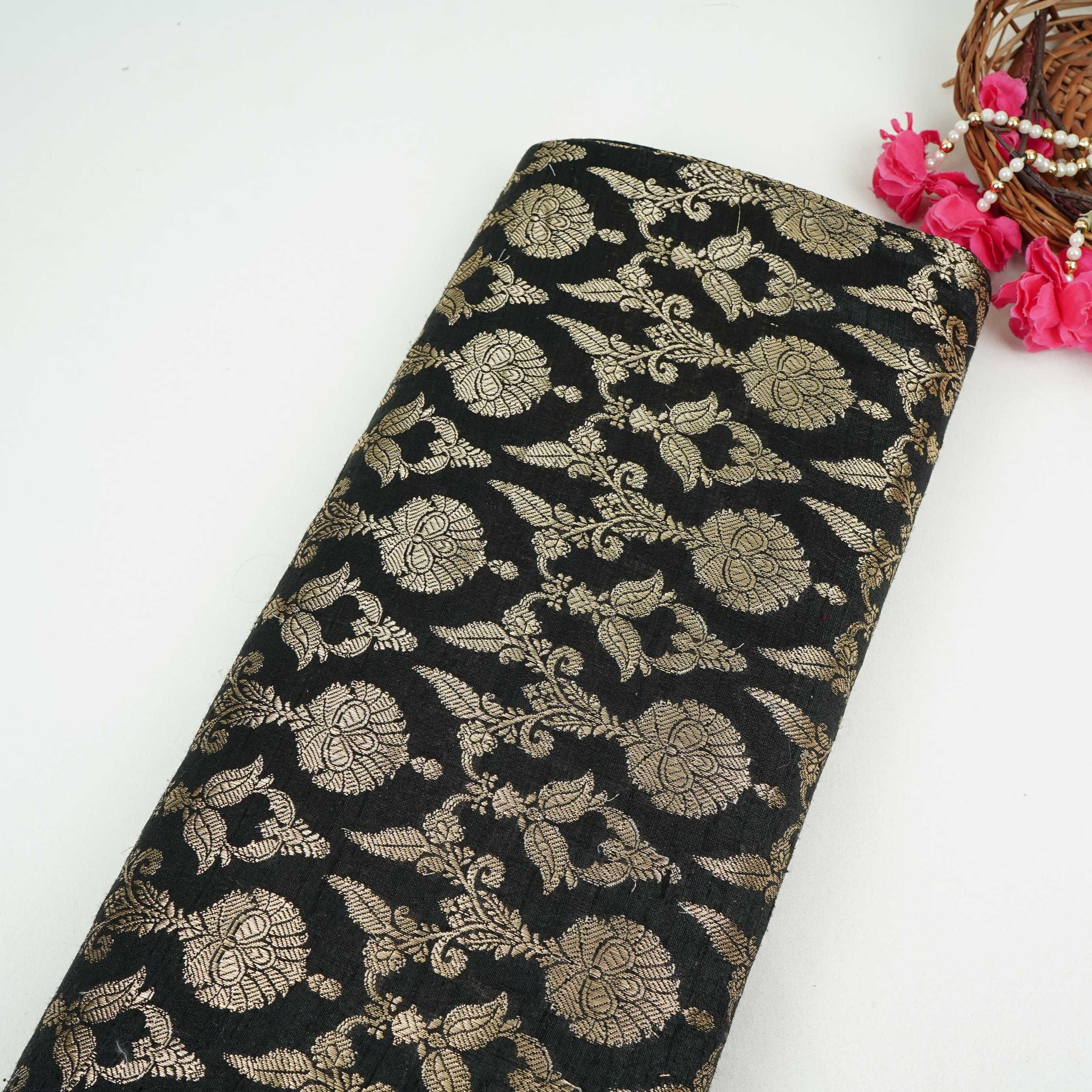 Black Floral Jaal Raw Silk Fabric CW-32523
