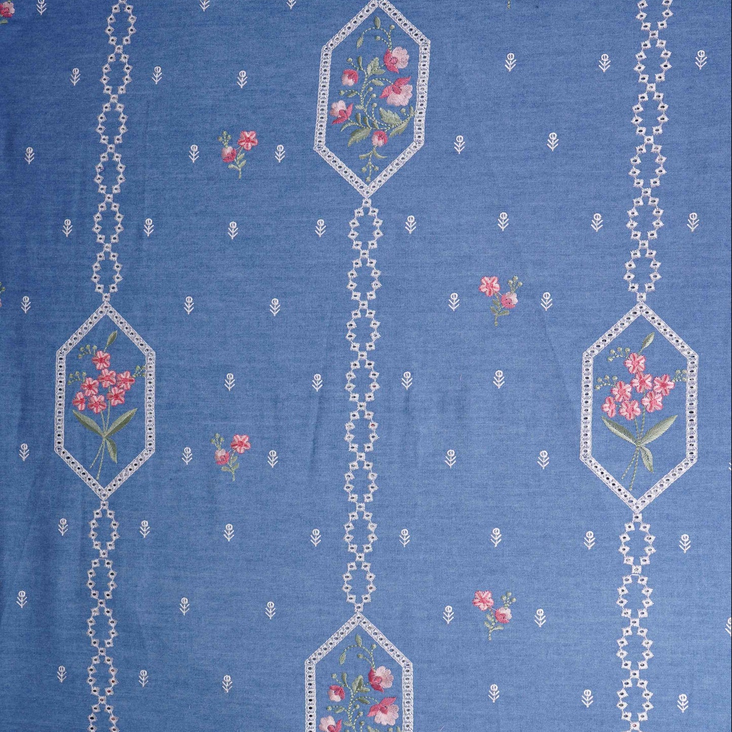 Sky Blue Floral Embroidery Denim Schiffli Fabric AF-30931