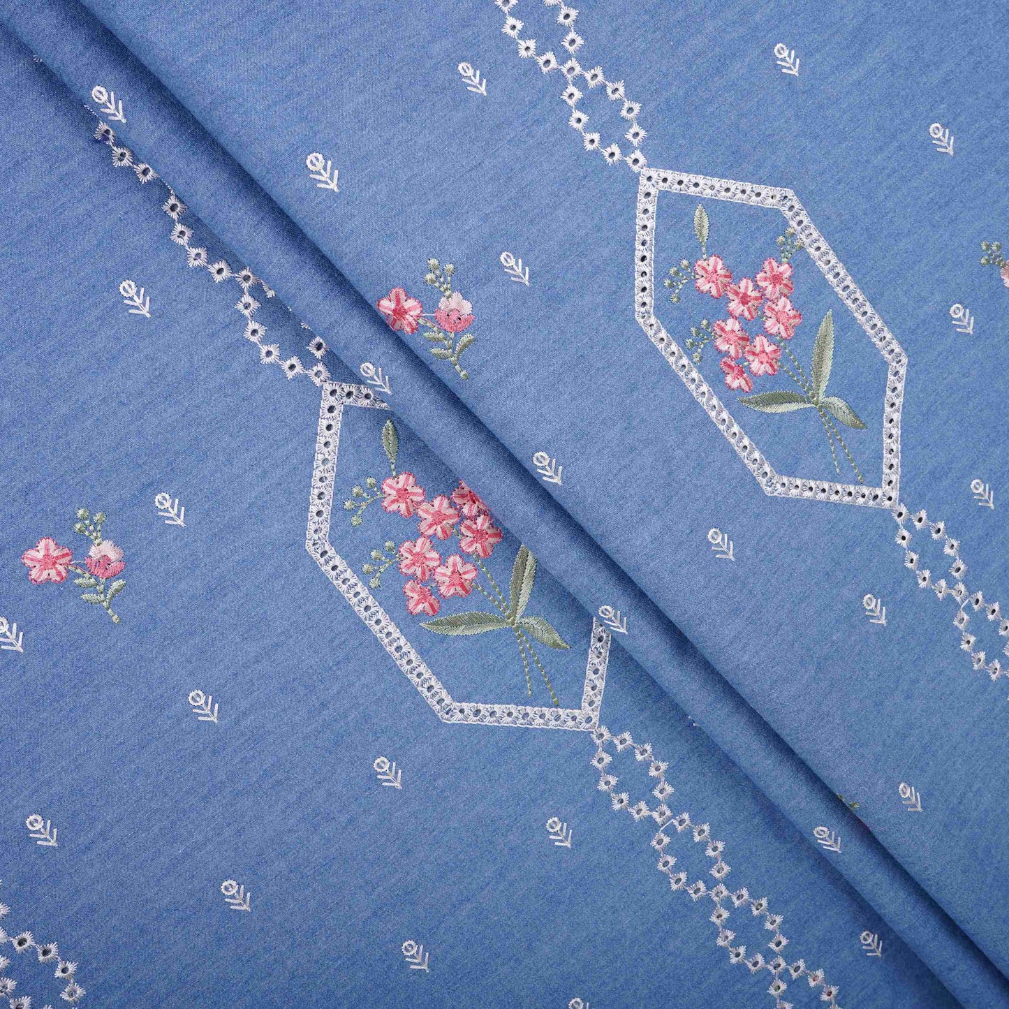 Sky Blue Floral Embroidery Denim Schiffli Fabric AF-30931