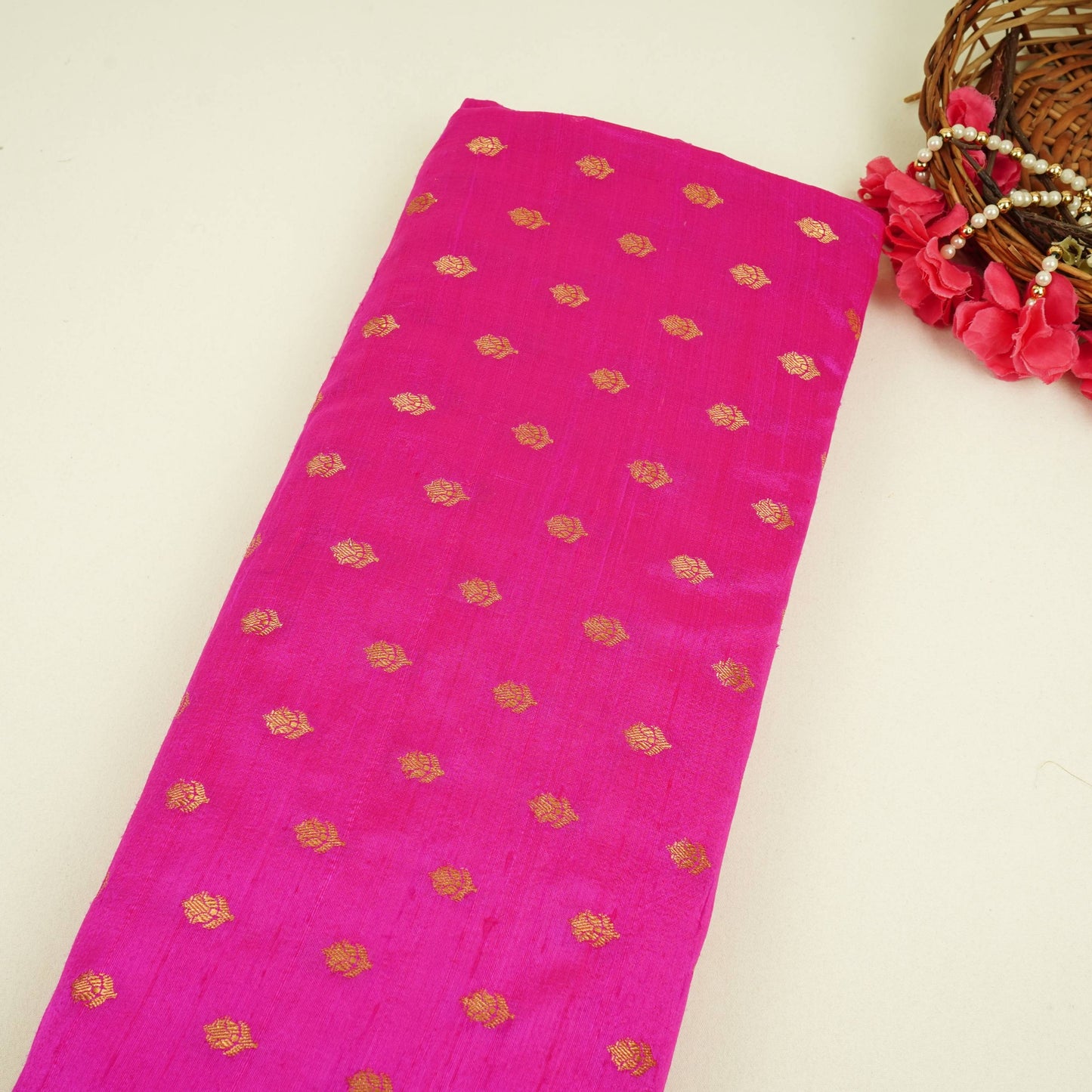 Magenta Pink With Golden Buti Raw Silk Fabric CW-32513