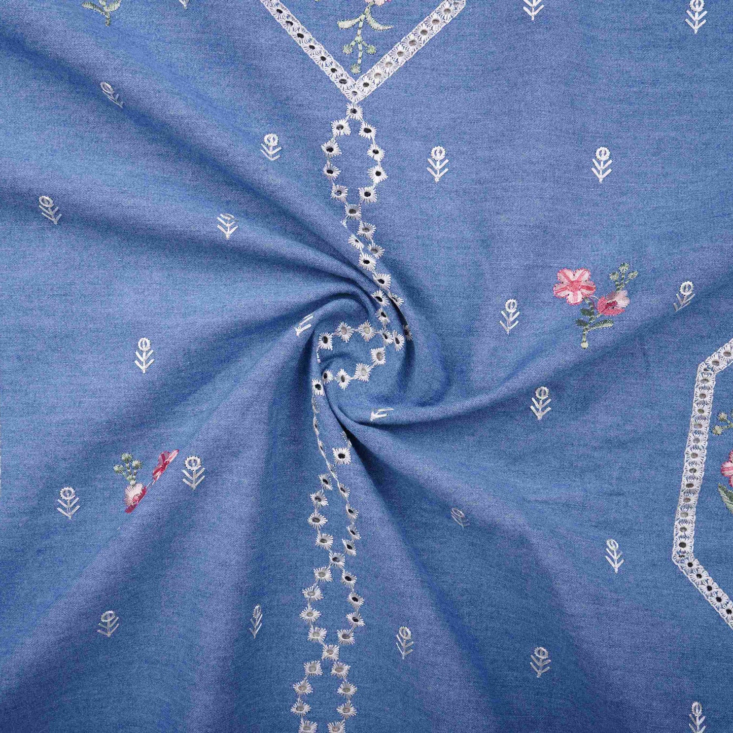 Sky Blue Floral Embroidery Denim Schiffli Fabric AF-30931